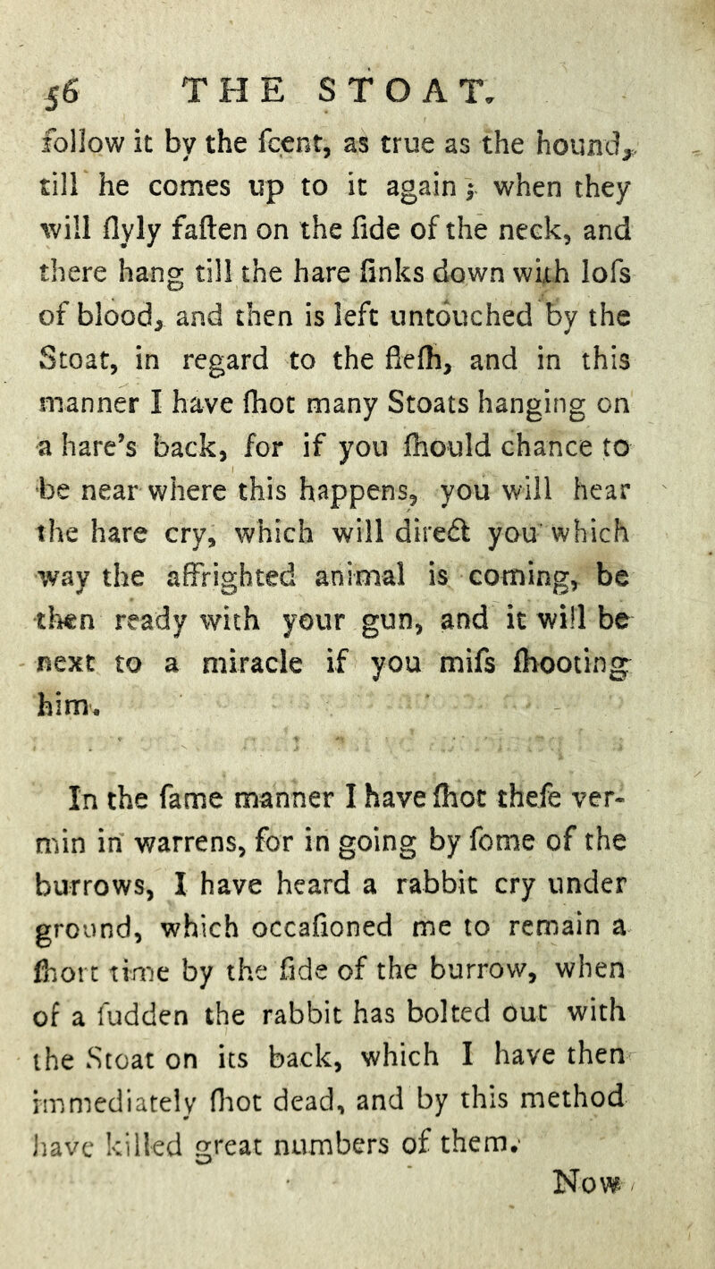 follow it by the fcent, as true as the hound* till he comes up to it again j when they will flyly fallen on the fide of the neck, and there hang till the hare links down with lofs of blood, and then is left untouched by the Stoat, in regard to the flefli, and in this manner I have Ihot many Stoats hanging on a hare’s back, for if you Ihould chance to be near where this happens, you will hear the hare cry, which will diredl you which way the affrighted animal is coming, be then ready with your gun, and it will be next to a miracle if you mifs Ibooting^ him. In the fame manner I have Ihot thefe ver- min in warrens, for in going by fome of the burrows, I have heard a rabbit cry under ground, which occafioned me to remain a fhot t time by the fide of the burrow, when of a fudden the rabbit has bolted out with the Stoat on its back, which I have then immediately Ihot dead, and by this method have killed great numbers of them.' Now -