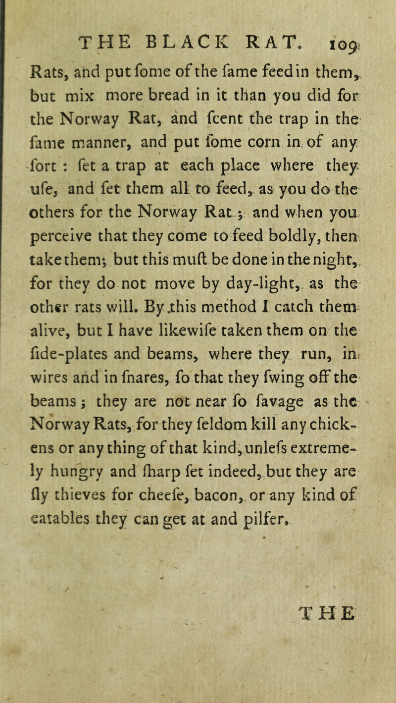 Rats, and put fome of the fame feed in them*, but mix more bread in it than you did for the Norway Rat, and fcent the trap in the fame manner, and put fome corn in of any fort : fet a trap at each place where they, ufe, and fet them all to feed,, as you do the others for the Norway Rat ; and when you perceive that they come to feed boldly, then take them; but this muft be done in the night, for they do not move by day-light, as the other rats will. Byjthis method I catch them alive, but I have likewife taken them on the fide-plates and beams, where they run, in wires and in fnares, fo that they fwing off the beams; they are not near fo favage as the Norway Rats, for they feldom kill any chick- ens or any thing of that kind, unlefs extreme- ly hungry and lharp fet indeed, but they are fly thieves for cheefe, bacon, or any kind of eatables they can get at and pilfer.