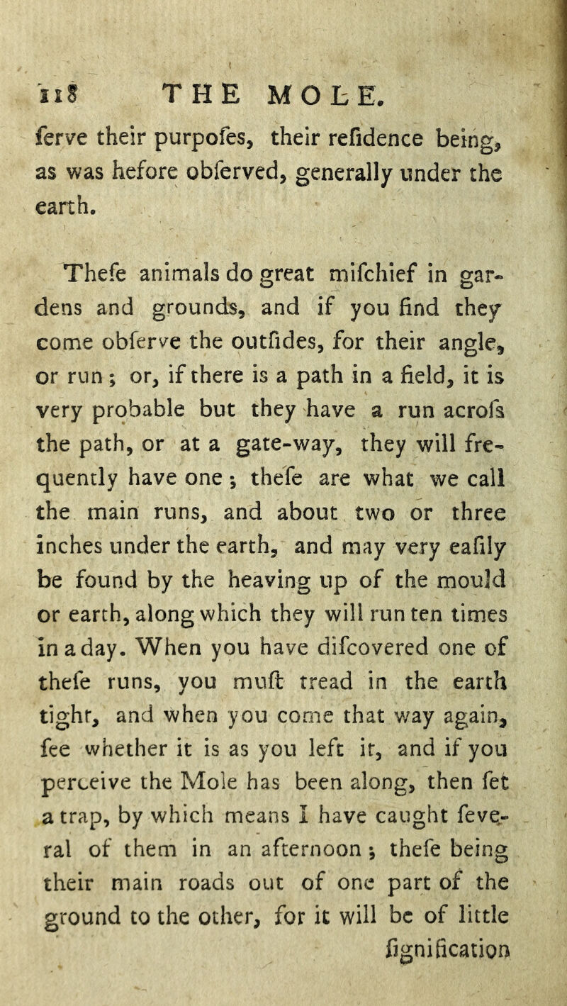 ferve their purpofes, their refidence being, as was hefore obferved, generally under the earth. Thefe animals do great mifchief in gar- dens and grounds, and if you find they come obferve the outfides, for their angle, or run; or, if there is a path in a field, it is very probable but they have a run acrofs the path, or at a gate-way, they will fre- quently have one •, thefe are what we call the main runs, and about two or three inches under the earth, and may very eafily be found by the heaving up of the mould or earth, along which they will run ten times in a day. When you have difcovered one of thefe runs, you mu ft tread in the earth tighr, and when you come that way again, fee whether it is as you left it, and if you perceive the Mole has been along, then fet a trap, by which means I have caught feve- ral of them in an afternoon ; thefe being their main roads out of one part of the ground to the other, for it will be of little fignification