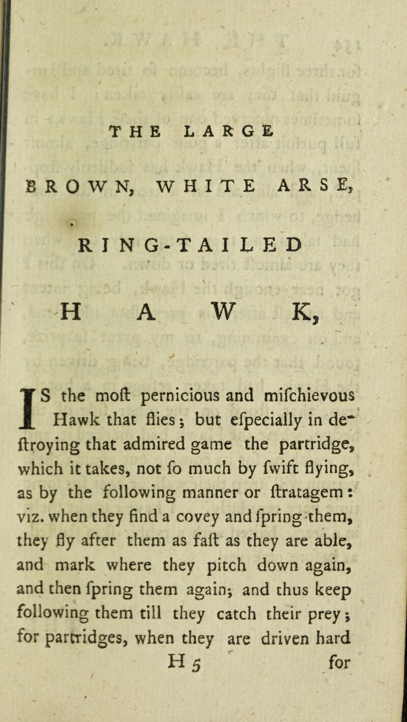 THE LARGE BROWN, WHITE ARSE, RING-TAILED HAWK, IS the mod pernicious and mifchievous Hawk that flies; but efpecially in de~ ftroying that admired game the partridge, which it takes, not fo much by fwift flying, as by the following manner or flratagem: viz. when they find a covey and fpring them, they fly after them as fall as they are able, and mark where they pitch down again, and then fpring them again; and thus keep following them till they catch their prey; for partridges, when they are driven hard H 5 r for