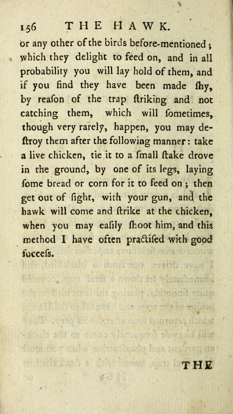 or any other of the birds before-mentioned; which they delight to feed on, and in all probability you will lay hold of them, and if you find they have been made fhy, by reafon of the trap finking and not catching them, which will fometimes, though very rarely, happen, you may de- ftroy them after the following manner: take a live chicken, tie it to a fmall flake drove in the ground, by one of its legs, laying fome bread or corn for it to feed on ; then get out of fight, with your gun, and the hawk will come and ftrike at the chicken, when you may eafily fhoot him, and this method I have often praftifed with good fuccefs.