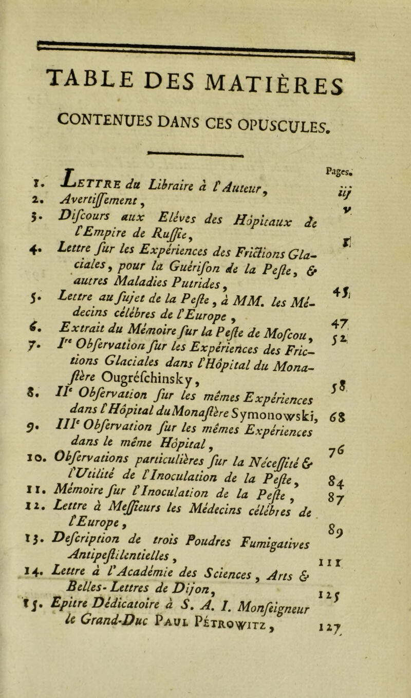 TABLE DES MATIÈRES # CONTENUES DANS CES OPUSCULES. 1. Lettre du Libraire k CAuteur^ 2, Avertijfement, ’ 5. Difeours aux Elivt! dis Hôpkaux de [Empire de RuJJîe^ 4. Lettre fur les Expériences des Friclions Gla- ciales^ pour la Guérifon de la Pelle ^ <S» autres Maladies Putrides y 5. Lettre^ aufujet de la Pefîe , à MM. les Mé- decins célébrés de [Europe ^ Extrait du Mémoire fur la Pejle de Mofeou 7. 1'* Obfervation fur les Expériences des Fric- tions Glaciales dans [Hôpital du Mona- ftère Ougréfehinsky, «. IP Obfervation fur les mêmes Expériences 57. III Obfervation fur les mêmes Expériences dans le même Hôpital, 10. Obfervations particulières fur la NécefJitéÇf l'ytilité de [Inoculation de la P elle 11. Mémoire fur [Inoculation de la Pelle * 12. Lettre à MeJJÎeurs les Médecins célébrés de [Europe , IJ. Defeription de^ trois Poudres Fumigatives Antipefilcntielles, 14. Lettre à [Académie des Sciences, Arts & B elles • Lettres de Dijon^ ■f J. Epitre Dedicatoire a S, A. /. Monfeigneur U Grand-Duc Paul Pétrowitz , Pageï, ii/ V Xî 47 J 5 6% ■j6 84 87 89 11 r
