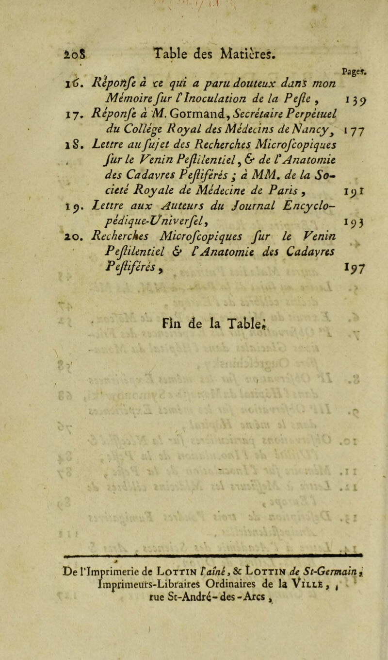 Page». jè. Kepofije â te qui a paru douteux dans mon Mémoire fur [Inoculation de la Pefe , 135) 17. Réponfe à M. Gormand, Secrétaire Perpétuel du Collège Royal des Médecins de Nancy^ 1 77 1 S. Lettre aufujet des Recherches Microfcopiques , fur le Venin Pefilentiel de [Anatomie des Cadavres Pefiférés ; à MM, de la So- ciété Royale de Médecine de Paris , îej. Lettre aux Auteurs du Journal Encyclo- pédique-Ùniverfely I93 20. Recherches Microfcopiques fur le Venin Pefilentiel (S* [Anatomie des Cadavres Pefiférés^ 19 7 Fin de la Table* . T . De rimprimerie de Lottin tamé,Sc Lottin de St-Gemairit Imprimeurs-Libraires Ordinaires de U Vil LE, j ‘ tue St-André- des - Arcs, I