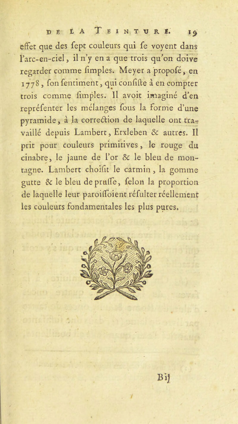 effet que des fept couleurs qui fe voyent dans l’arc-en-ciel, il n’y en a que trois qu'on doive regarder comme fimples. Meyer a propofé, en 1778, fon fentiment, qui confifte à en compter trois comme fimples. Il avoir imaginé d’en repréfenter les mélanges fous la forme d’une pyramide, à la corredion de laquelle ont tra-: vaille depuis Lambert, Erxleben & autres. Il prit pour couleurs primitives, le rouge du cinabre, le jaune de l’or & le bleu de mon- tagne. Lambert choifit le carmin , la gomme gutte &c le bleu deprulfe, félon la proportion de laquelle leur paroiffoient réfulter réellement les couleurs fondamentales les plus pures. B il