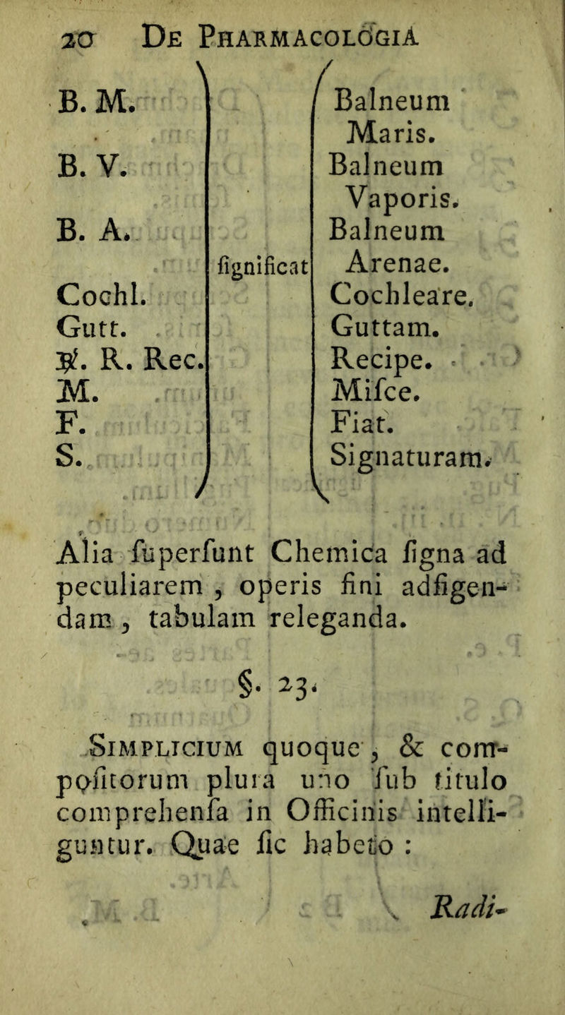 B. M. Cochl. Gutt. 1^. R. Rec. M. F. S. / Balneum Maris. Balneum Vaporis. Balneum Arenae. Cochleare, Guttam. Recipe. Mifce. Fiat. Signaturam. B. V. B. A. fignificat Alia fuperfunt Chemica figna ad peculiarem , operis fini adfigen- dam, tabulam releganda. §. 23. Simplicium quoque , & conr- p<;ificorum plura uno Tub titulo coinprehenla in Officinis intelli- guntur. Quae fic habetio : . Radi-