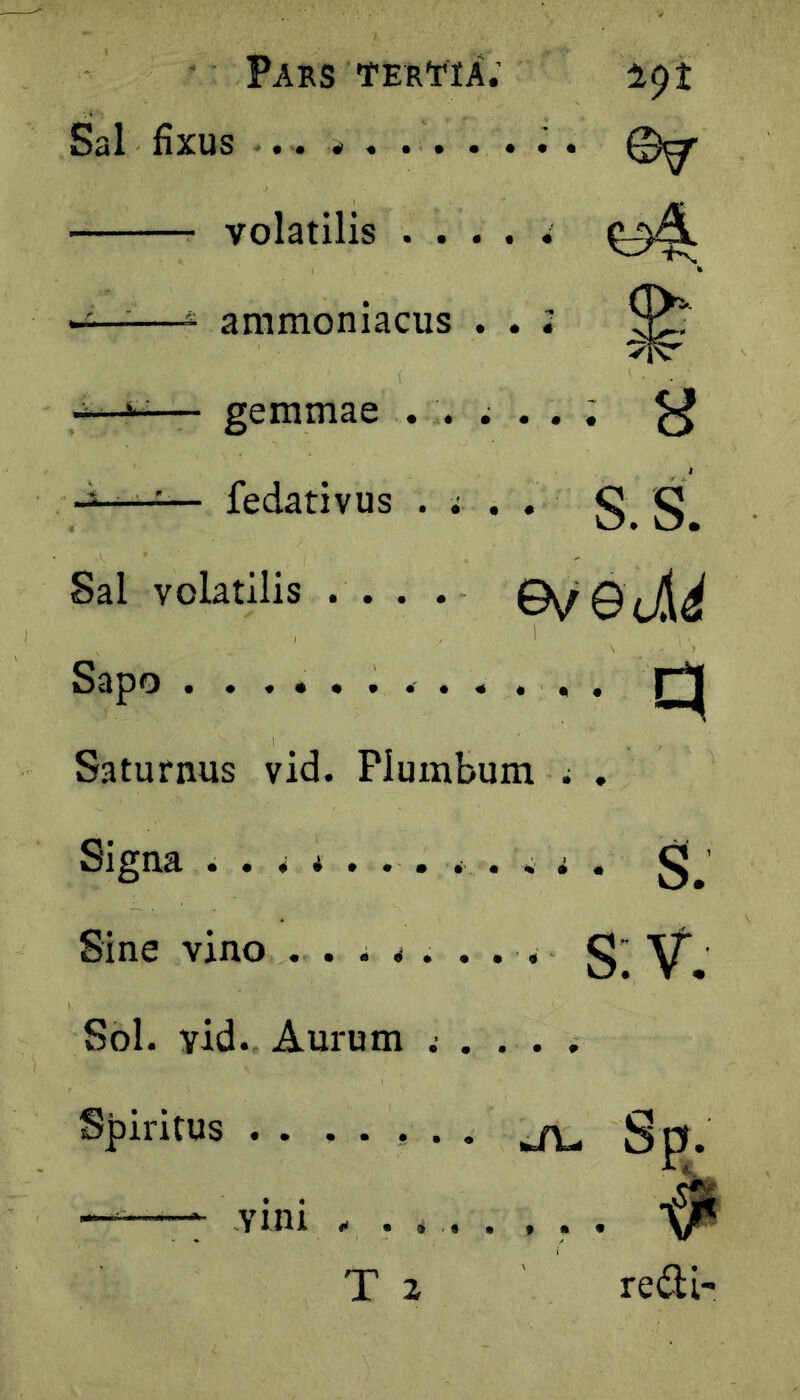 (T>' Pars terWa; 191 Sal fixus .. * . . . . . .'. 0^ —* ammoniacus V — gemmae ^ - ■ -— fedativus . ; . . g^ Sal volatilis ... . 0\/Qj[^ Sapo Saturnus vid. Plumbum ^ , Signa g^’ Sine vino . . ^ < . . . , g” Sol. vid. Aurum ...... Spiritus . . .... ^ Sp. Yini T z redi-