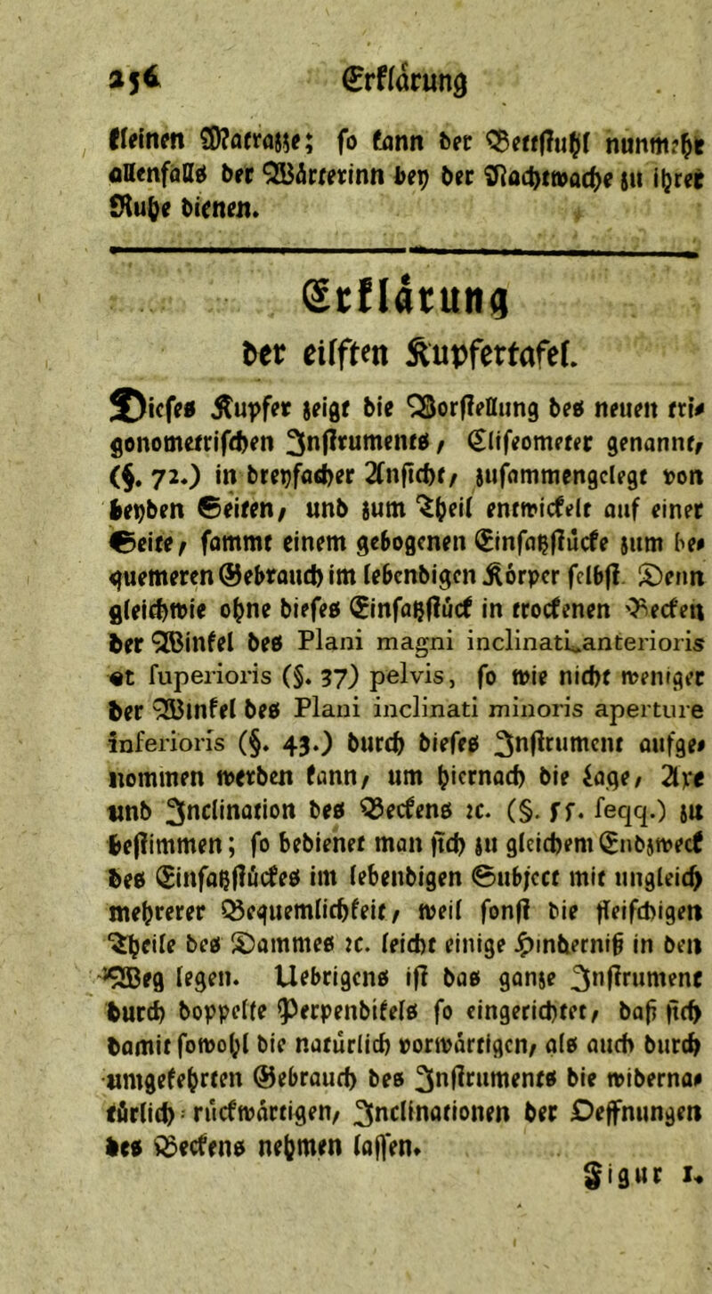 fWnen SWaeraMf; fo (ann ^er ^5eff|?u$f nunrnr^k flUcnfäHjJ brr ^äcretinn bep bet iRa4)tivacl[)e su lljrer IHu^e bieneit» Scflatuti^ Kt eifftm Äupfertafef. ^kfe« jtupf» snflf bit SSorflrUtmj U« n«um (ct< gonometriftben ^nfltumen« / ^lifeometer genannt, (§.72.) in brepfatber 2fnfld)f/ sufammengclegt t>on bepben Seiten, unb {um ‘^(^ei( enttvicfelr auf einer <0cite, fommt einem gcBogenen ^Infapjlucfe jum be# <}uemeren@ebroucbim (ebenbigen Körper felbjl. S)eim flieifbtPie o^ne biefeö €infapf?urf in teoefenen 'J^eefen bet QBinfel beö Plani magni inclinatLanterioris «t fuperioris (§. 37) pelvis, fo tpie nid)f weniger ber ^infel beß Plani inclinati minoris aperture inferions (§. 43.) tureb biefeß ^oflrumcnt oufge# iiommen »erben fann, um b'^moeb bie iage, 2lre «nb ^eefenß :c. (§. ff. feqq.) jn be|limmen; fo bebiehet man fid) $u gleichem (gubjmect beß (Eittfapfliücfeß im (ebenbigen 0ub;cct mit nngieicb mebrerer ^eguemiiebfeit, »eif fonjl bie tleifd>>9ett ^eile beß S)ammeß :c. (eiebt einige J^inbecnib in beii “^eg legen. Uebrigenß ifl baß ganje bureb boppelle ^erpenbifelß fo eingerichtet/ baji ftc^ bamitfomobl bie natürlich rormärtigen/ giß auch bureb «mgefebrten ©ebroueb beß »ibernae eörlicb = nicfwartigen, 25ncIinofionen ber Deffnungen feeß i^eefenß nehmen lajlen* $igur I«