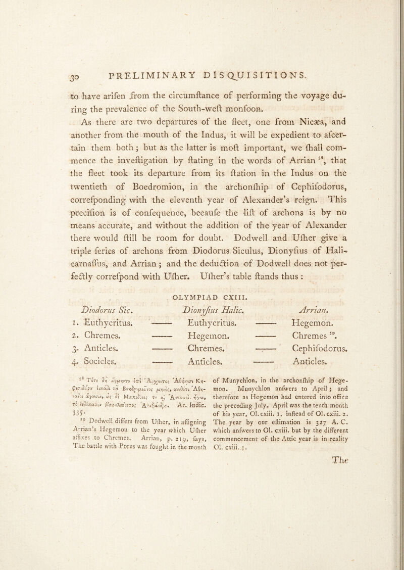 3^ to have arifen from the clrcumftance of performing the voyage du- ring the prevalence of the South-weft monfoon. As there are two departures of the fleet, one from Nicsea, and another from the mouth of the Indus, it will be expedient to afcer- tain them both ; but as the latter is moft important, we ftiali com- mence the inveftigation by ftating in the words of Arrian that the fleet took its departure from its ftation in the Indus on the twentieth of Boedromion, in the archonfhip of Cephifodorus, correfponding with the eleventh year of Alexander’s reign. This precifion is of confequence, becaufe the lift of archons is by no means accurate, and without the addition of the year of Alexander there would ftill he room for doubt. Dodwell and Ufher give a triple feries of archons from Diodorus Siculus, Dionyfius of Hali- carnaffus, and Arrian; and the dedudiion of Dodwell does not per- fedly correfpond with Ufher, Ulher’s table ftands thus : Diodorus Sic, 1. Euthycritus. 2. Chremes. 3. Anticles^ 4. Socicles. OLYMPIAD CXIII. Dionyfius Halic-, Euthycritus. Hegemon. Chremes. Anticles. Annan, Hegemon. Chremes Cephifodorus. Anticles. Totb BTTi ’A;p^ovToc A^^'/jvricri Krj- yJCTJO&py TiJ AOj;- I'Xioi aq I'AxKi^ovsq Ts TO l3aa.i?\£t}cnoq 'Af. Ji^dic. 335- Dodwell differs from Ufher, In affigning Arrian’s Hegemon to the year which Ufher affixes to Chremes. Arrian, p. 219, fays. of Munychion, in the archonfhip of Hege- mon. Munychion anfwers to April ; and therefore as Hegemon had entered into office the preceding July, April was the tenth month of his year, Ol. cxiii. 1. inftead of OLcxiii. 2. The year by our effimation is 327 A. C. which anfwersto Ol. cxiii. but by the different commencement of the Attic year is in reality