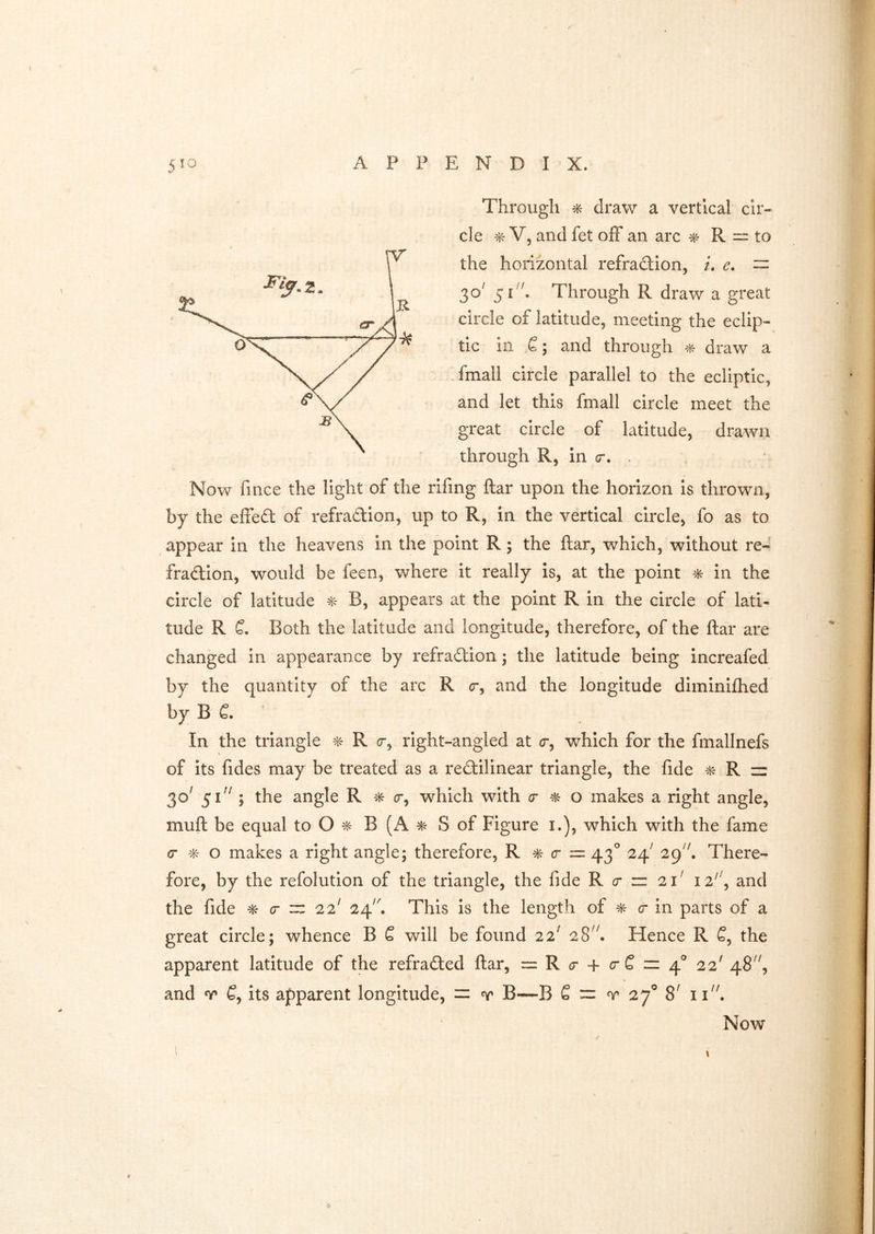 Through ^ draw a vertical cir- cle V, and fet oiF an arc ^ R — to the horizontal refradion, /. e, — 30^ 51''. Through R draw a great circle of latitude, meeting the eclip- tic in £; and through ^ draw a Tmall circle parallel to the ecliptic, and let this fmall circle meet the great circle of latitude, drawn through R, in (T. , Now fince the light of the rifing ftar upon the horizon is thrown, by the effed of refradion, up to R, in the vertical circle, fo as to appear in the heavens in the point R; the ftar, which, without re- fradion, would be feen, where it really is, at the point % in the circle of latitude B, appears at the point R in the circle of lati- tude R 6. Both the latitude and longitude, therefore, of the ftar are changed in appearance by refradion; the latitude being increafed by the quantity of the arc R (t, and the longitude diminiflied by B ^ In the triangle ^ R (t, right-angled at <r, which for the fmallnefs of its fides may be treated as a redilinear triangle, the fide ^ R z= 30' 51^^; the angle R ^ tr, which with cr o makes a right angle, muft be equal to O B (A % S of Figure i.), which with the fame (7 % o makes a right angle; therefore, R * cr ::i: 43^ 24^ 29''. There- fore, by the refolution of the triangle, the fide R o* 21^ 12'^, and the fide ^ a- r: 22^ 24'^ This is the length of ^ 0* in parts of a great circle; whence B £ will be found 22' 28^^ Hence R £, the apparent latitude of the refraded ftar, =:R(r + a-£zi4° 22' 48^', and nr its apparent longitude, t B—B £ = ^ 27^ 8' ii''. Now #