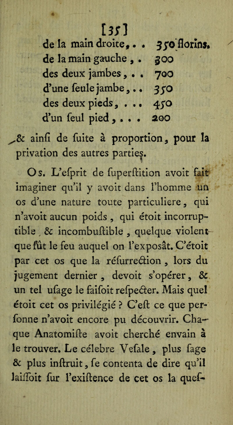 Usl de la main droite,. . 5 j*© florins, de la main gauche , . §00 des deux jambes, . . 700 d’une feule jambe,.. 3 j'O des deux pieds, , ,. d’un feul pied , . . . âoo ainfî de fuite à proportion, pour la privation des autres partie^. Os. L’efprit de fuperftition avoit fait imaginer qu’il y avoit dans l’homme un os d’une nature toute particulière, qui n’avoit aucun poids , qui étoit incorrup- tible , & incombuftible , quelque violent que fût le feu auquel on l’exposât. C’étoit par cet os que la réfurredtion , lors du jugement dernier, devoir s’opérer, & un tel ufage le faifoit refpeder. Mais quel étoit cet os privilégié ? C’eft ce que per- fonne n’avoit encore pu découvrir. Cha- que Anatomifte avoit cherché envain à le trouver. Le célébré Vefale, plus fage & plus inftruit, fe contenta de dire qu’il lailToit fur l’exiftence de cet os la quef-