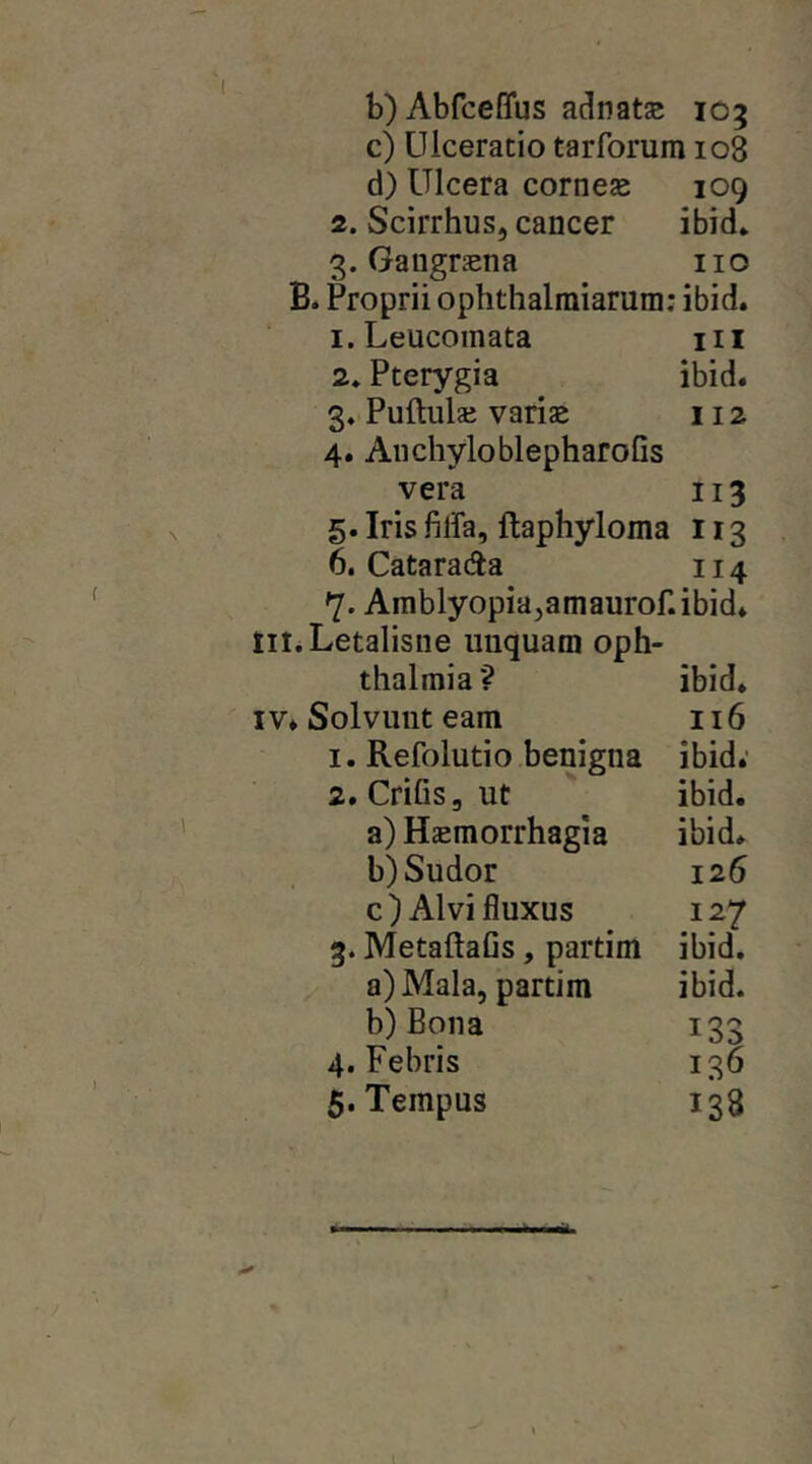 b) Abrceirus adnatje 105 c) Ulceratio tarforum 108 d) Ulcera corneas 109 2. Scirrhus, cancer ibid* 3. Gangraena iio B. Proprii ophthalraiarum; ibid. 1. Leucomata m 2. Pterygia ibid. 3. Puftulse variae 112 4. An chylo blepharofis vera 113 5. Iris filfa, ftaphyloma 113 6. Catarada 114 7. Amblyopia,amaurof. ibid* til.Letalisne uuquam Oph- thalmia? ibid. IV» Solvunt eam 116 1. Refolutio benigna ibid; 2. CrifiSaUt ibid. a) Hsemorrhagia ibid. b) Sudor 126 c) Alvi fluxus 127 3. MetaftaGs, partim ibid. a) Mala, partim ibid. b) Bona 133 4. Febris 136