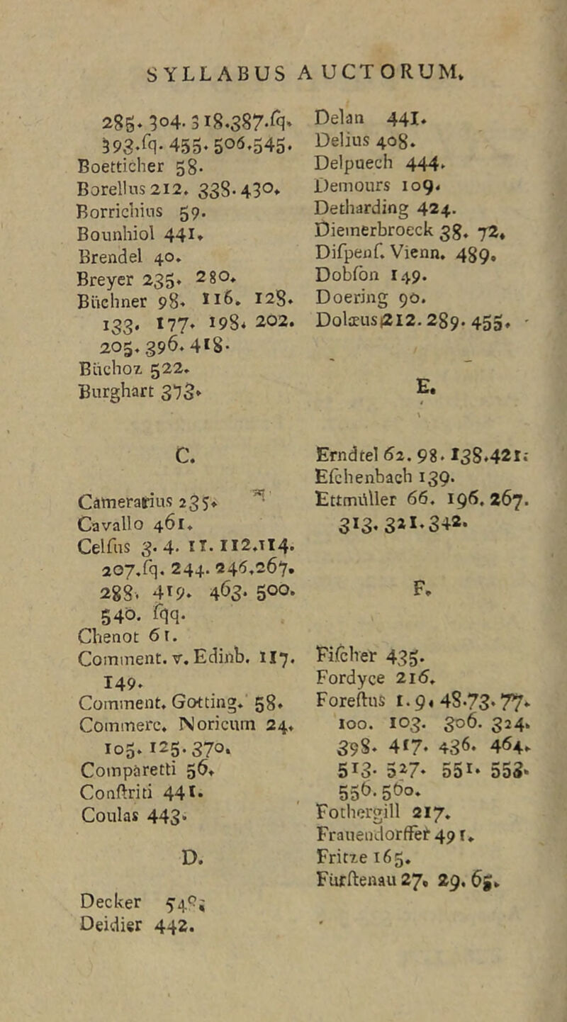 28S*3o4.3i8.S87-^q' 393-^q*455-50<5'545- Boetticher 58- Borellus2i2, 338« 43®* Borrichins 59. Bounhiol 441» Brendel 40» Breycr 235* ^80* Biicliner 98« I16. 128» 133. 177* 198* 202. 205.396.4*8- Blichoz 522. Burghart 373* C. Camerarius 235» Cavallo 461. Celfns 3.4. IT-112.114. aoy.fq. 244.245.267. 288. 419. 463* 5®o- S4®. ^qq. Chenot 6 r. Cominent. V. Edinb. 117. 149. Cominent. Gotting. 58. Commere. Noricum 24. 105. 125.370. Comparetti 56* Coaftriti 441* Coulas 443* D. Decker 54^^ Oeidier 442. Delan 44I. Delius 408. Delpuech 444. Demours 109. Detharding 424. Diemerbroeck 38. 72» Difpenf. Vienn. 489, Dobfbn I49. Doering 90. Dol3eusi2I2.289. 455, ' E. 4 \ Erndtel 6^. 98.138.421; Efchenbacb 139. EttmiUler 66. 196. 267. STS.SaL342. F. Fifclrer 435. Fordyce 216. Foreftus 1.9« 48-73* 77* 100. 103. 306. 324. 39S. 417* 436. 464* 513- 5?7* 551* 553* 55^- 5^°* Fothergill 217. Fraueodorffei' 49 r. Fritze 165. Fujrftenau 27, 29,65»