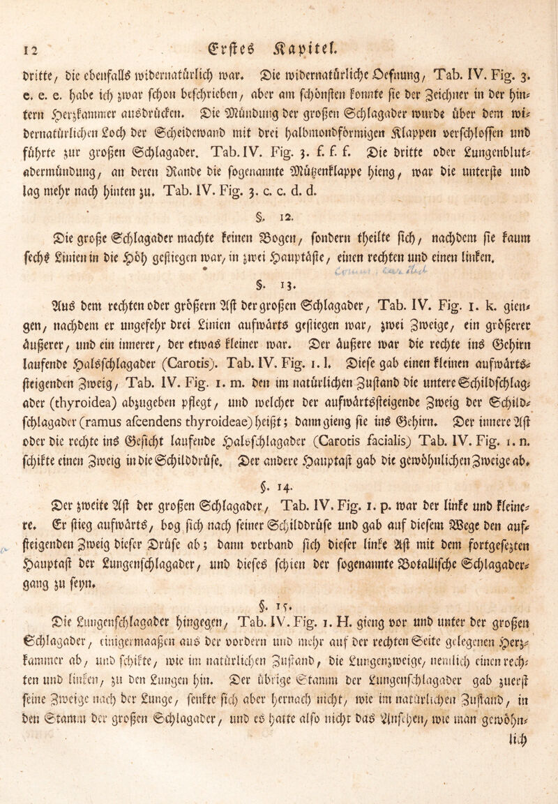 britte/ bie ebenfalls? mibernatMieß mar. Sie miberuatärlid)e Sefnung, Tab. IV. Fig. 3. e. e. e. f>abe tdj jmar fcf>ow befeßrieben, aber atu fd)5nßen fonnte ße ber 3eid)ner in ber ßim teru ipevjfammer auebruefett. Sie ‘33?ünbu»g ber großen ©eßlagaber mürbe über bem mb bernaförlicßen 2ocß ber ©eßeibemaub mit bret ßalbmonbformigen klappen »erfcßloffen «nb fuf>rfe jur großen ©eßlagaber. Tab. IV. Fig. 3. f. f. f. Sie britte ober guttgenbluf* «bermönbung/ an bereu Dfrrnbe bie fogenannte SDJüfjenflappe ßieng t mar bie unterße unb lag rneßr naeß Rillten 3«. Tab. IV. Fig. 3. c. c. d. d. §. 12. Sie große ©eßlagaber rnaeßte feinen SBogen, fonbern feilte ßcß / naeßbem ße faum feeßl Sinienin bie £>bß geftiegen mar/in jmei £>uuptAße/ einen rechten unb einen liufen. * ■ Cr • : . ■' %>.. iuj- §• 13. 9luS bem rechten ober großem 5lß bergroßen ©eßlagaber/ Tab. IV. Fig. 1. k. giert# gen, naeßbem er ungefeßr bret 2inien aufmArtö geßiegen mar, $mei gmeige/ ein größerer äußerer/ unb ein innerer/ ber etmab fleiner mar. Ser Außere mar bie red)te in£ ©cßirn laufenbe $alefd;lagaber (Carotis). Tab. IV. Fig. 1.1. Siefe gab einen fleinen aufmArtö ßeigenben 3meig, Tab. IV. Fig. 1. m. ben im natürlichen gttßanb bie untere ©dfilbfcßlag* aber (thyroidea) abjugeben pßegt, unb meldfcr ber attfmArf^ßeigcnbe 3meig ber ©cßilb# feßlagaber (ramus afeendens thyroideae) ßeißt; bann gieng ße in$ ©eßirn. Ser innere 2lß ober bie rechte ind ©efteßt laufenbe £)alofeß!agaber (Carotis facialis) Tab. IV. Fig. 1. n. feßifte einen 3metg inbie©cßilbbröfe. Ser anbere £auptaß gab bie gembßttlicßen Jmeige ab. §• J4- Ser jmcite 2lß ber großen ©djfagaber/ Tab. IV. Fig. 1. p. mar ber Itnfe unb fleinc# re. €r ßieg aufmArtö / bog ßcß naeß feiner ©cßtlbbrüfe unb gab auf biefem USBege ben auf# ßeigenben Bmeig biefer Srafe ab; bann oerbanb ßcß biefer linfe 2tß mit bem fortgefejten 5paupfaß ber £ungenfcßlagaber/ unb biefer feßien ber fogenannte Jöotallifcße ©d)lagaber* gang 311 fepn. ' J' 1 • ■ • ■ Uh • §• 1T* Sie £m?geitfd)lagaber ßingegeit/ Tab. IV. Fig. 1. H. gieng oor unb unter ber großen ©tßlagaber , cinigermaaßen auö bet oorbern unb meßr auf ber recßten@eite gelegenen £>er$# farnmer ab/ ur.b feßifte/ mie im natürlichen J'nßaltb, bie gungenjmeigc/ nenilid) einenreeß< ten unb Hufen/ 3» ben gangen ßin. Ser übrige ©tamm ber gungenfeßlagaber gab juerß feine 3»eigc naeß ber Sange, feiifte ßcß aber ßernaeß nießt/ mie im natürheßen ^ußaitb, in ben ©tamm ber großen ©cßlagabet/ unb eö ßatte alfo uießt bas %tfd)eU/ mie »tan gcmoßn* 14 l