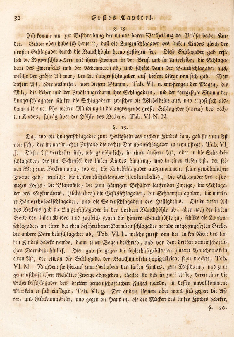 §. 18. 3d) fomme tum pr Sßefcbreibung bei' wunderbaren QSertheUung bei ©cfajje beiber Situ# bei. ©d;on oben l;abe id) beroerft, bajj bie £ungenfct)lagaber bed lüden föütbed gleich bet großen ©cfylagaber burcl) bie $3aud;höf)le l;crab geftiegen fei;. Siefe ©d;lagaber gab erji« lief) bie Nippenfchlagabern mit ihren gweigen in bei Söruji unb im Unterleibe, bie ©cblaga« bent beS -BwergfeUs unb bei Nebennieren ab, unb fchifte bann bie 33aud)fd)lagaber aus, welche bei gröjie 21 ji war, beit bie £ungenfd)lagaber auf biefem SBege pou fid) gab. Q3ott biefem 2t jf, ober pielmet)r, t>on biefem ©famnt, Tab. VI. n. empfangen bet Klagen/ bie ^lilj/ bie gebet unb bet gibölfftngerbarm ihre ©chlagabent, unb bet fortgejjejte ©tamm bet Suttgcnfdjlagaber fd)ifte bie ©chlagabern prifd)en bie SBirbelbeine aus, unb ergofj ftd; als« bann mit einer fel;r weiten TOiünfcung in bie angrenjenbe grofe ©ddagaber (aorta) beS red;« ten ÄinbeS, fdfrüg übet bet £)6l)le beS Söedcnd. Tab. VI. N. N. §. 19. ©a/ wo bie £ungeitfd)lagaber junt ipeiligbein beS rechten ÄinbeS Fani, gab fte einen 2iji ton ftd; / ber im natürlichen Jufiaub bie red)te Sarmbeinfd)lagabcr p fei;n pjfegt, Tab. VI. J. Siefer 21 ff »ertf)eilte fid), wie gewöhnlich/ in einen entfern 2ijf, ober in bie ©d;enfel« fd;lagaber, bie prn ©chettfcl beS linfen ÄinbeS hingieng, unb in einen tiefen 21(1/ ber fei« uen 2Seg tum 33ecfcn ttal)m, wo et/ bie Nabelfdflagabet ausgenommen, feine gewöhnlichen ^wetge gab, nemlich: bie £enben!)üftfchlagaber (ileolumbalis), bie ©chlagaber beS eiför« ntigen £oc!)S / bie SSMafenüffe, bie pm heutigen föehülter laufenben Jweigc, bie ©chlaga« ber beS ©tgfnochenS, (ifchiadica) bie ©efaSfchlagaber, bie ©chaamfdflagaber, bie mittle* re 5pamorrhoibalfd;lagabet/ unb bie ©eitenfd;lagabern beS £>eiligbeinS. Siefen tiefen 21 ft beS iöedeno gab bie Sungenfchlagaber in ber »orbern f33dud>l;6f>le ab; aber nad; ber linfen ©eite beS linfen ÄinbeS unb zugleich gegen bie hintere §5auchhöl;le p, fd)ifte bie £u»tgen« fd;lagabet/ an einer ber eben bcfchriebenenSarmbeinfd)lagaber gerabe entgegengefejfen ©teile, bie aitbere Sarmbeinfd)lagaber ab, Tab. VI. L. welche juerjf pon ber linfen Niere beS lin« fett ÄinbeS bebeft würbe, bann einen SSogen befd)rieb, unb »or bem Driften geraeinfdfaftli« d>cn Sarmbrin hinlief. 5pier gab fie gegen bie fehlerhaftgebilbetcn hintern fSauchmuofclit einen 21(1, ber efwan bie ©d)lagaber ber föaudjmuöfeln (epigaftrica) fei;n mochte, Tab. VI. M. Nad)bent fie hierauf pm ipeiligbetn beS linfen ^inbeS, pro \9Iajibavm, unb pro gemeinfchaftlichen SSefjalfer 3weige abgegeben, tl;eilte fie fid) in jwei 2lefte, bereu einer bie ©chenfelfchlagaber beS brüten gemeinfchaftlichen $u(feS würbe, in bejfat utwollfontmene Söluefeln er ftd) einfügte, Tab. VI. g. Ser anbere fleinete aber waitb ftd) gegen bie 2lf« ter* unb ÖiüdenmuSfeln, unb gegen bie 5pauf p, bie ben Üiücfen beS linfen ÄütbeS bebefte. §. 20.