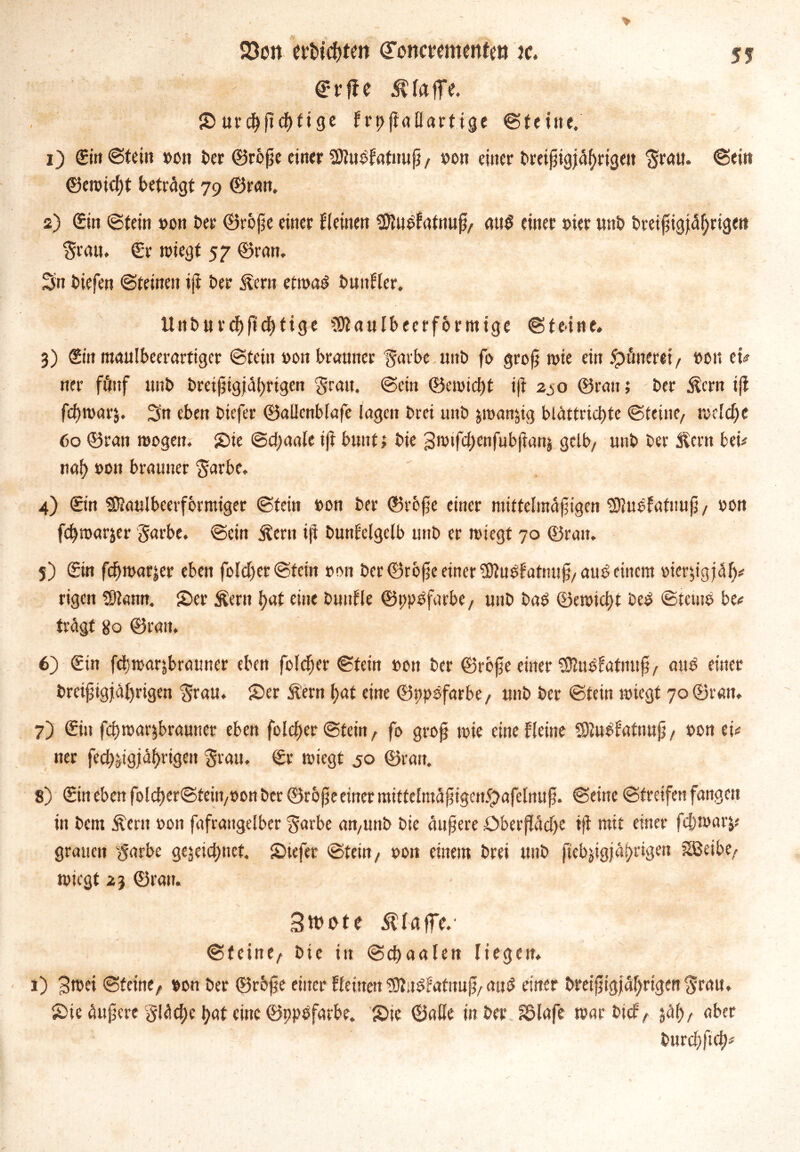 ff 93ö« et*ticf)ten QTonctementett ic. ©rfte klaffe. Surcbpcbtige f rppaßartige ©feine. 1) Sin ©fein »on ber ©rbpe einer SOfubfafnup, »on einer breipigjäbrigett ^rau. ©ein ©emid)t beträgt 79 ©ran, 2) ©in ©fein »on Der ©rbpe einer Keinen SDJuSfatnup, atil einer »ier unb breipigjäbrigen grau. €r miegt 57 ©ran. Sn tiefen ©feinen ip ber jlern etmag bunKer. Urtt>urcf)fj<J)tige Sftaulbeerformige ©feine. 3) @n maulbeerartiger ©fein non brauner garbe unb fo grop wie ein £önerei, »on tu ner fünf unb breipigfäbrigen grau. ©ein ©emicpf ip 250 ©ran; ber $crn ip fcpmarj. 3n eben biefer ©aßenbiafe lagen brei unb jmanjig blätfricpfe ©teilte, melcbe 60 ©ran mögen. Sie ©d)aaie ip bunt; bie 3mtfd)enfubpan$ gelb, unb ber Hern bei* nab bou brauner garbe. 4) ©in SSJaulbeerfbrmiger ©fein »on ber ©rbpe einer mitteimäpigen ®u$fatnup, »on fepmarjer garbe. ©ein jtern ip bunbelgelb unb er miegt 70 ©rau. 5) ©in fcpmar|er eben foId)er@fein »on ber ©rbpe einer SDtuöfaftutp, au£ einem »ierpgjäf)* rigen SDtann. Ser Äern bat eine bunKe ©pptffarbe, unb ba£ ©emiept be£ ©tetnb be# fragt 80 ©ran. 6) (Sin fd)marjbrauner eben folcper ©fein »on ber ©rbpe einer tßlu^fatnup, att£ einer breipigjäbrigen grau. Ser itern bat eine ©pp^farbe, unb ber ©fein miegt 70©ran. 7) ©in fd)mar$brautter eben folcper ©fein, fo grop mie eine Keine SJfu^fafnup, »on ei# ner fecb&igjäbrigett grau. (Sr miegt jo ©ran. 8) ©in eben fold>er©fein,»on ber ©rbpe einer mitteliuäpigen^afeinup. ©eine ©freifett fangen in betn Äertt »on fafrattgelber garbe an,unb bie ättpere öberpädje ip mit einer fcf)mar$* grauen garbe gejeid)ttcf. Stefer ©fein, »on einem brei unb ftcbjigjäprigen Söeibe, miegt 23 ©ran. Stttote klaffe.' ©feine, bie in ©cßaaien liegen. 1) 3mei ©feine, »on ber ©rbpe einer Keinen Sftit^afnup, aut? einer breipigfäbrigen grau. Sie äupere gläebe bat eine ©ppöfarbe. Sie ©aße in ber S3lafe marbief, jäh, ^ber burdfftd;*