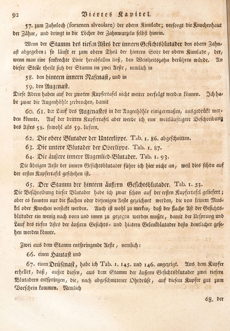 57. jum 3af)nfoch (foramen alveolare) Der obern linulabe; »erforgt Die Knochenhaut Der 3df)ite/ unb bringt in bie Söffer ber 3nf)nwnrjeln felbft finem. SSBenn ber (Stamm fced tiefen Slfieö ber innem ©eftcftdblutaber ben obern j3ahn* af abgegeben; fo lauft er &unt obern 2()eil ber fintern Beite ber obern Ktmtlabe / ber, wenn man eine fcnfrecl)fe ginie herabfallen lief/ ben äöei6l)ettöjal)u berühren würbe. Hn biefer BteHe tfjeilt ftd) ber Btamm im jwei Hefte, nemlicf) in 58. ben füttern innem 97afena|f/ unb in 59. ben Slugcna!?. SDiefe Hbern haben auf ber jwoten Kupfertafel nicft weiter »erfolgt werben fbnnen. 2>d) fa* be jwar bie Hugenföfle jerbrocfen/ bamit 60. 6i. ber Sauf bed Slugenaffed in bep Hugenföfle einig emtafeit/ audgebrult wcr< Den fbnnfe. Huf ber Dritten Kupfertafel aber werbe id) eme, roeitldufngere Skfcfteibung bed Hfed 53. fowol>l als 59. liefern. 62. ©ie obere S3lutaber ber ttnterlippe. Tab. 1.86. abgefefnitten* 63. ©ie untere Slutaber ber Oberlippe. Tab. 1. 37. 64- ©ie dttfere innere 5lugenlieb^lutaber. Tab. 1.93. Sie übrigen Riefte ber innern ©cftcftdblutaber fftfre ict) f>ier nicft ait/ weil bied fefön auf ber erfen Kupfertafel gefd)efen tf. 65. ©er (Stamm bei* fintern aufern ©eflcftdblutaber. Tab. 1.53. Sie föefdnetbnug biefer Sblutaber l)abe td) &war fcf on auf ber erfen Kupfertafcl geliefert; aber ed fonnten nur bie ßad;en ober Diejenigen 'liefe gejeiefnet werben/ bie »on feinem ISlud* fei ober Knocfeit »erfieft werben. Und) if wofl ju merfen/ baf ber faefe IIjf ber ©efeftd# blufaber ein wenig naef »orn unb innen &u gezogen werben muffe/ Damit Der Urfprung unb Sauf bed tiefen Hfeb ber äufern ©efteftd* unb füttern ©cleniblufaber befo Deutlicher gefe* heu werben fbnnte. s Swei aud Dem Bfamm entfpringenbe Hefe, nemlicf: 66. einen jpautaff unb 67. einen ©rüfettaff, habe id) Tab. 1. 145. unb 146. angejeigf. Hud bent Tupfer erhellet/ baf / aufer biefen/ aud Dem ©tamm ber duferu ©eficftdblutaber jwei tiefere 58lutabern entfpriugen, bie/ nach abgefdjnittener Ol>rbröfe; auf biefent Tupfer gut junt ^orfefein fommen, 33cmlicf 1 68. ber