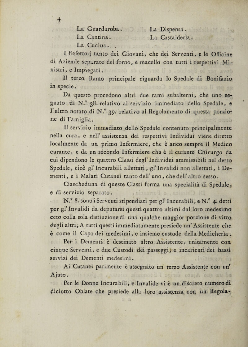 La Guardaroba . La Dispensa. La Cantina. La Castalderìa. La Cucina. , I Refettori tanto dei Giovani, che dei Serventi, e le Officine di Aziende separate del forno, e macello con tutti i respettivi Mi¬ nistri, e Impiegati. II terzo Ramo principale riguarda lo Spedale di Bonifazio in specie. Da 'questo procedono altri due rami subalterni, che uno se¬ gnato di N.° 38. relativo al servizio immediato dello Spedale, e l’altro notato di N.° 39. relativo al Regolamento di questa porzio¬ ne di Famiglia. Il servizio immediato dello Spedale contenuto principalmente nella cura, e nell’assistenza dei respettivi Individui viene diretto localmente da un primo Infermiere, che è anco sempre il Medico curante, e da un secondo Infermiere che è il curante Chirurgo da cui dipendono le quattro Classi degl’individui ammissibili nel detto Spedale, cioè gl’Incurabili allettati, gl’invalidi non allettati, i De¬ menti, e i Malati Cutanei tanto dell’uno, che dell’altro sesso. Ciascheduna di queste Classi forma una specialità di Spedale, c di servizio separato. N.° 8. sono i Serventi stipendiati per gl’ Incurabili, e N.° 4. detti per gl’invalidi da deputarsi questi quattro ultimi dal loro medesimo ceto colla sola distinzione di una qualche maggior porzione di vitto degli altri; A tutti questi immediatamente presiede un’Assistente che è come il Capo dei medesimi, e insieme custode della Medicherìa. Per i Dementi è destinato altro Assistente, unitamente con cinque Serventi, e due Custodi dei passeggi, e incaricati dei bassi servizi dei Dementi medesimi. Ai Cutanei parimente è assegnato un terzo Assistente con un’ Ajuto. Per le Donne Incurabili, e Invalide vi è un discreto numero di diciotto Oblate che presiede alla loro assistenza con un Regola*