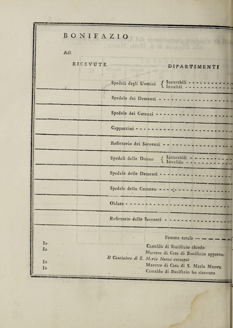 Adì. RICEVUTE. DIP ART TM ENTI Spedali degli Uomini <f Jnciirabili- <- Invalidi - — - Io Io Io Io Spedale dei Dementi - t Spedale dei Cutanei - - \ Refettorio dei Serventi ■ Spedali delle Donne Incurabili Invalide - Spedale delle Dementi - r Spedale delle Cutanee — - Refettorio delle Serventi Somma totale — —. — _ , I Castaldo di Bonifazio chiedo Maestro di Casa di Bonifazio approvo; Il Cantiniere di S. Morìa Nuova consegni Maestro di Casa di S. Maria Nuova x Castaldo di Bonifazio ho ricevuto