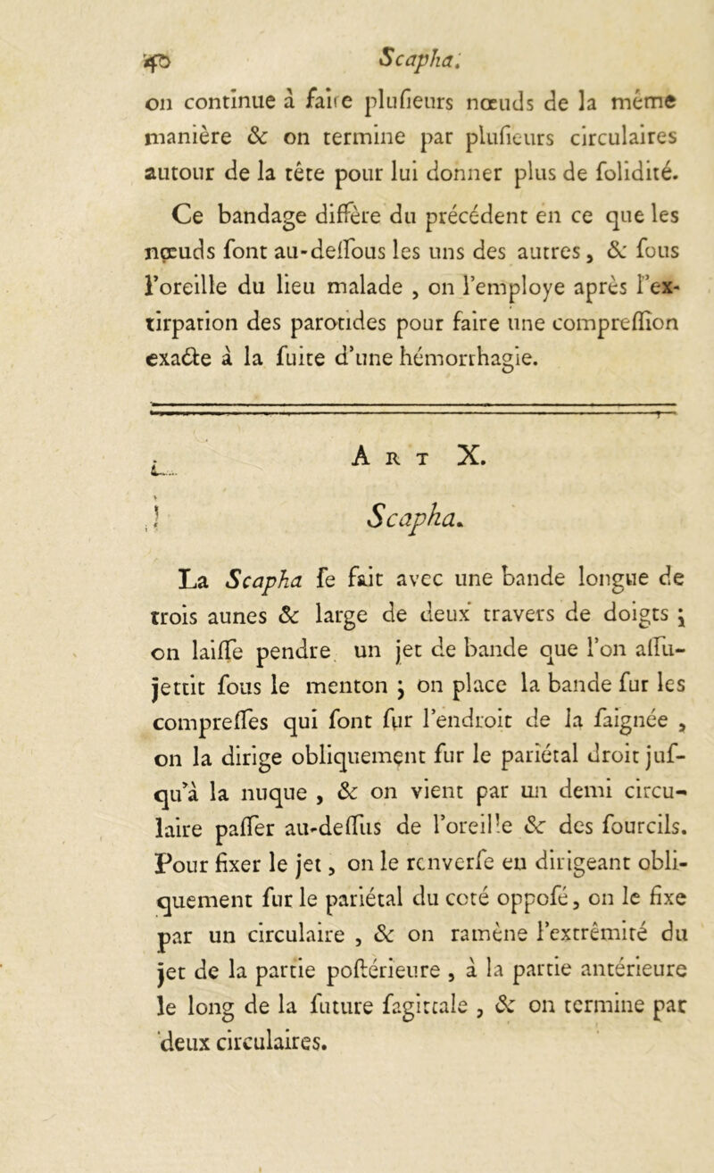 '4$ Scapha: on continue à faire plufieurs nœuds de la même manière 8c on termine par plufieurs circulaires autour de la tête pour lui donner plus de folidité. Ce bandage diffère du précédent en ce que les nœuds font au-delfous les uns des autres, 8: fous l’oreille du lieu malade , on l’employe après l’ex- tirpation des parotides pour faire une comprefîîon exa61e à la fuite d’une hémorrhagie. Art X. Scapha. La Scapha fe fsit avec une bande longue de trois aunes 8c large de deux travers de doigts j on laiffe pendre un jet de bande que l’on allii- jettit fous le menton } on place la bande fur les compreffes qui font fur l’endroit de la faignée , on la dirige obliquement fur le pariétal droit juf- qifà la nuque , 8c on vient par un demi circu- laire paffer au-defTiis de l’oreille 8c des fourcils. Pour fixer le jet, on le renverfe eu dirigeant obli- quement fur le pariétal du coté oppofé, on le fixe par un circulaire , 8c on ramène l’extrémité du jet de la partie poftérîeure , à la partie antérieure le long de la future fagircale , 8c on termine par deux circulaires. L... % j .