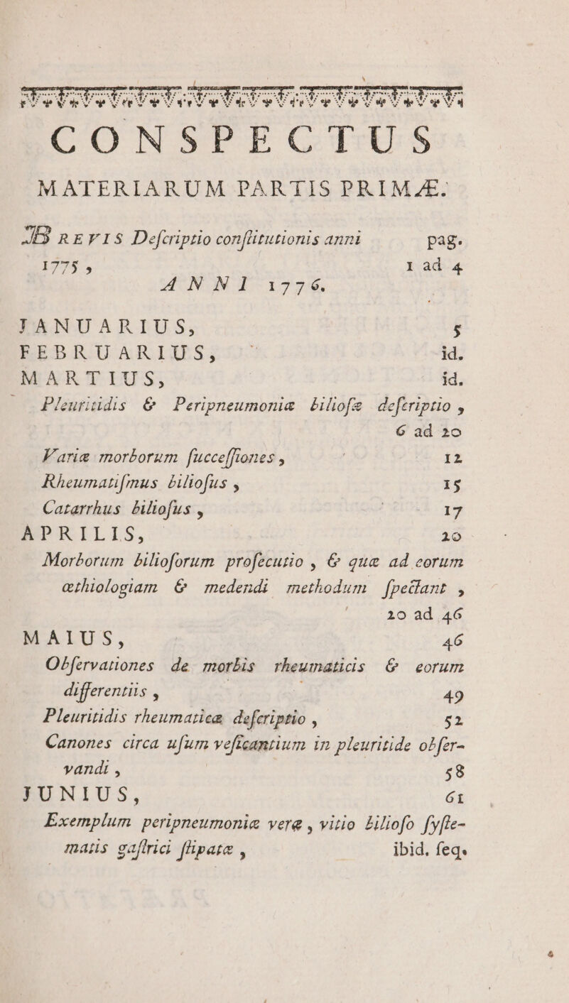 1775 5 1 ad 4 iWNNI 1776 KFIÁIANUARIUS, 5 REDI UXARIUS;-:- id. MARTIUS, id. Pleuritidis &amp; Peripneumonia bilfe deftripuo , 6 ad 2o Varie morborum fucce[fiones , 1* Rheumatifmus. £iliofus , 15 Catarrhus biltofus , : 17 APRILIS, | 210 Morborum bilioforum profecurio , &amp; quae ad eorum cihiologiam 6€ medendi methodum [pellant , 10 ad 46 MALIS, 46 Obfervanones de morbis rheumaticis 6 eorum differentiis , 49 Pleuritidis rheumatiem. defcriptio , 52 Canones circa ufum ve[icantium in pleuritide oPfer- vandi , 58 EUNIUS, 61 Exemplum peripneumonie vere , vitio Ziliofo fy[le- maus gaftrici [lipate , ibid. feq.