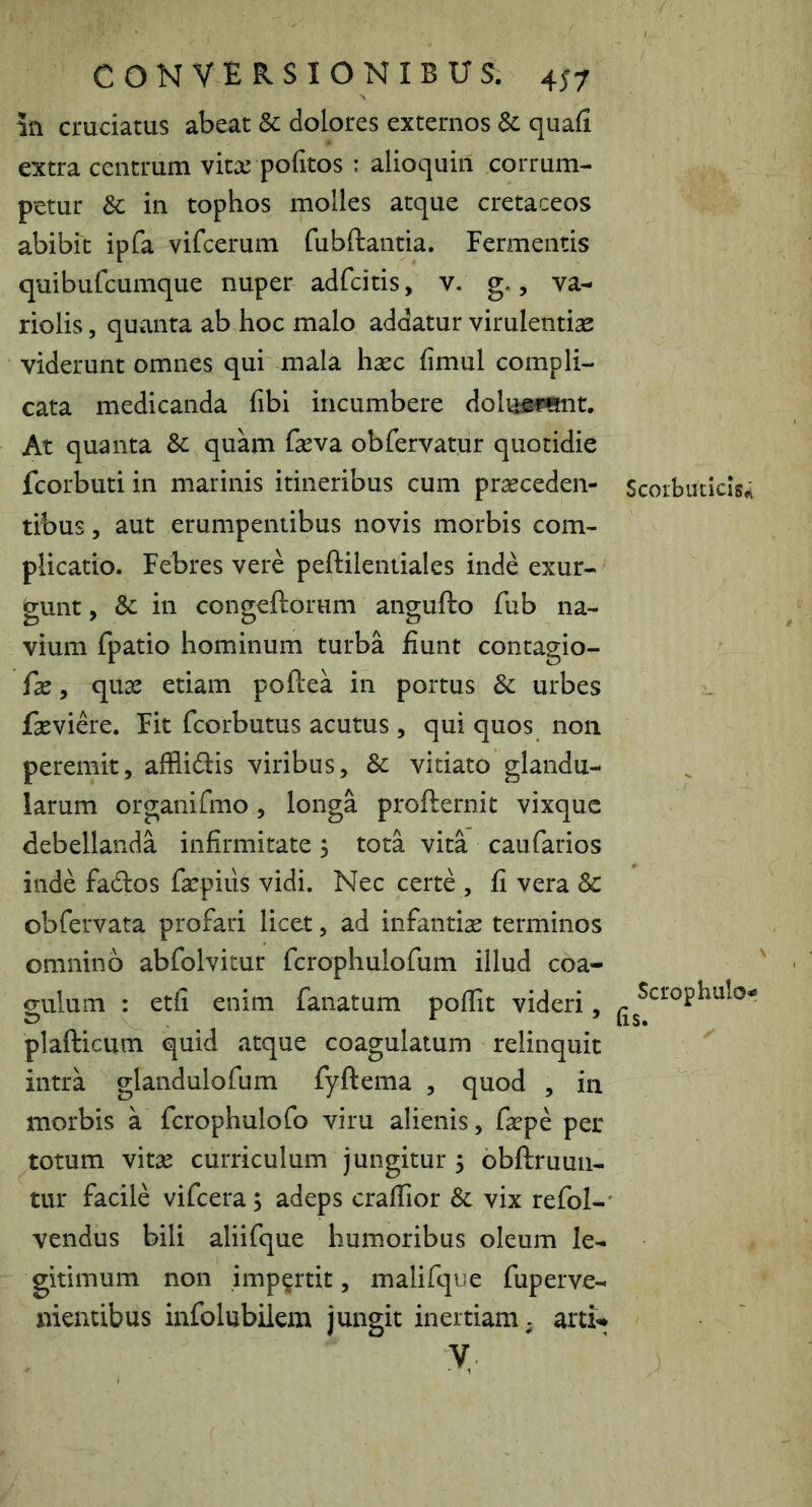 in cruciatus abeat & dolores externos Sc quafi extra centrum vitx pofitos : alioquin corrum- petur &c in tophos molles atque cretaceos abibit ipfa vifcerum fubftantia. Fermentis quibufcumque nuper adfcitis, v. g,, va- riolis, quanta ab hoc malo addatur virulentiae viderunt omnes qui mala haec fimul compli- cata medicanda fibi incumbere doluef«nt. At quanta Sc quam fasva obfervatur quotidie fcorbuti in marinis itineribus cum praeceden- tibus 5 aut erumpentibus novis morbis com- plicatio. Febres vere peftilentiales inde exur- gunt, Sc in congeftorum angufto fub na- vium fpatio hominum turba fiunt contagio- fae, quae etiam poftea in portus Sc urbes faeviere. Fit fcorbutus acutus , qui quos non peremit, afflidis viribus, Sc vitiato glandu- larum organifmo, longa profternit vixquc debellanda infirmitate, tota vita caufarios inde fados faepius vidi. Nec certe , fi vera & obfervata profari licet, ad infantia terminos omnino abfolvitur fcrophulofum illud coa- gulum : etfi enim fanatum pofiit videri, plafticum quid atque coagulatum relinquit intra glandulofum fyftema , quod , in morbis a fcrophulofo viru alienis, faepe per totum vitas curriculum jungitur 5 obftruuii- tur facile vifcera; adeps crafiior Sc vix refol- vendus bili aliifque humoribus oleum le- gitimum non impertit, malifque fuperve- nientibus infolubilem jungit inertiam. artt* y Scorbuticis* Scrophulo* fis.