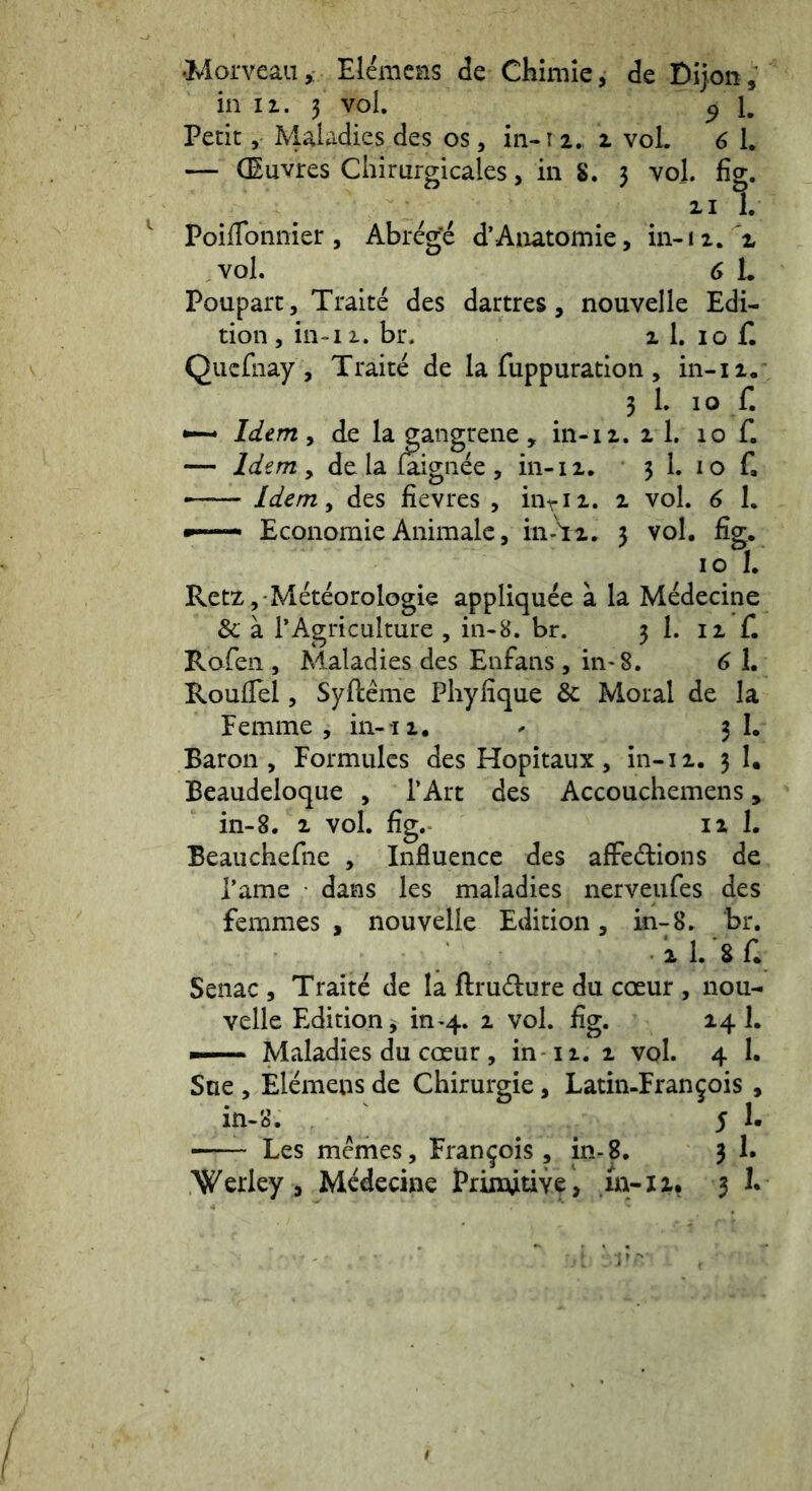 •Morveaiiy Elemens de Chimie, de Di)on , in II. 3 vol. ^ l. Petit y Maladies des os, in-i 2.. 1 vol. 6 1, — CEuvres Chirurgicales, in 8. 3 vol fig. II 1. PoilTonnier 5 Abreg'e d’Anatomie, in-ii.'2 vol. 6 L Poupart, Traite des dartres, nouvelle Edi- tion , in-i 1. br. 1 1. 10 f. Qiicfiiay , Traite de la fuppuration , in-11.' 3 L 10 f. ~ Idem y de la gangrene, in-ii. x 1, 10 f. — Idem y de la iaigiiee , in-11. 3 1. 10 f. Idem y des fievres , iiirix. x vol. 6 1. Economie Animale, inTx. 3 vol. fig. IO L Retz ,-Meteorologie appliquee a la Medecine & a TAgriculture , in-8. br. 3 1. ix f. Rofeii 5 Maladies des Enfans , in>8. 6 1. RoulTel 5 Syfteme Phyfique & Moral de la Femme , in-i x. ^ 3 L Baron , Formulcs des Hopitaux, in-ix. 3 I, Beaudeloque , TArt des Accouchemens, in-8. X vol. fig. 12 I. Beaiichefne , Influence des afFedions de Tame dans les maladies nerveufes des femmes , nouvelle Edition, in-8. br. 1 1. 8 fi Senae, Traite de la ftrudlure du coeur , nou- velle Editiony in-4. x vol. fig. 14 1. ■— Maladies du coeur, in ix. x vpl. 4 I. Sue , Elemens de Chirurgie, Latin-Franjois , in-8. 5 I. Les memes, Fran^ois , in-8. 3 1. Werley , Medecine Primitive, in-ix, 3 fi