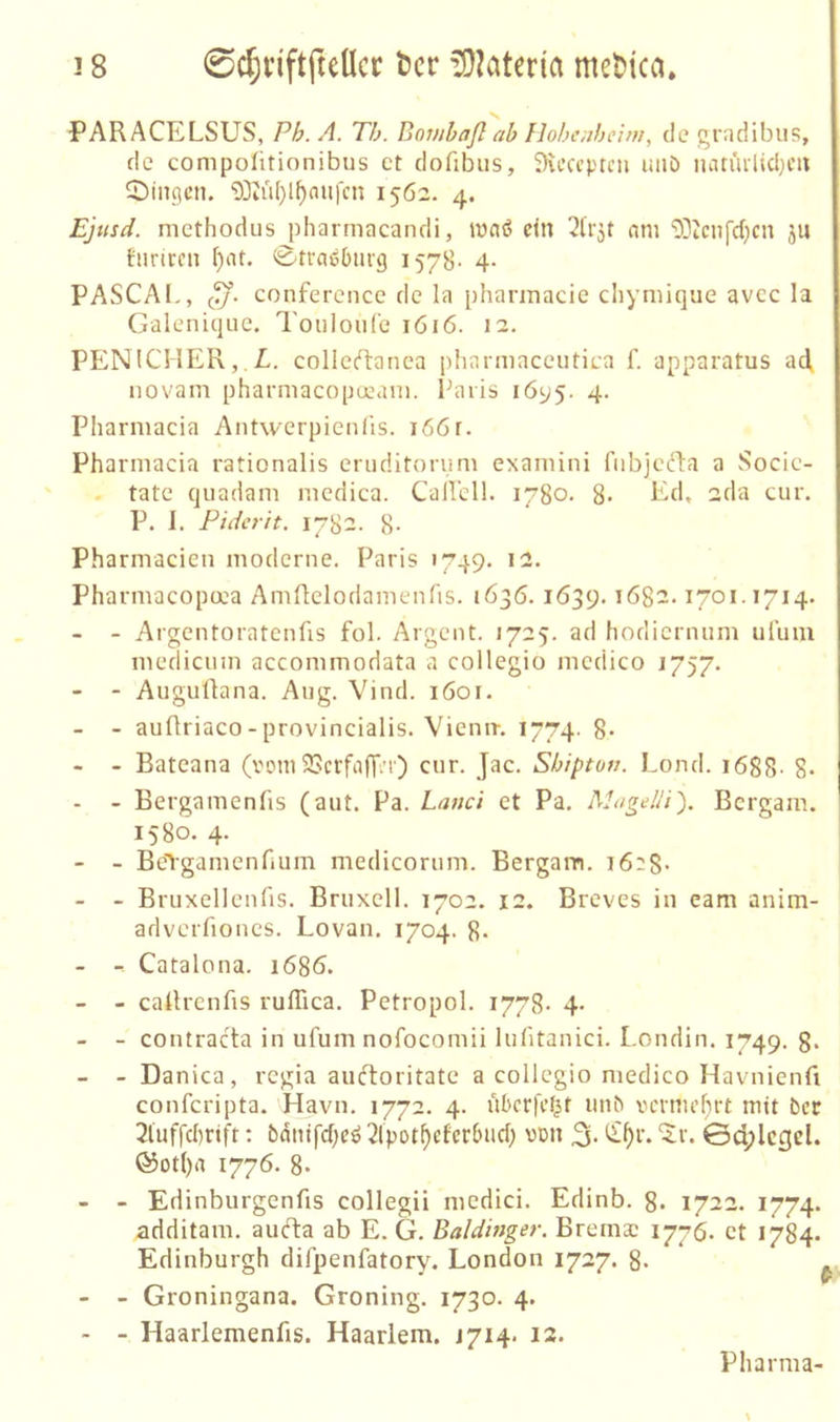 PARACELSUS, Ph.A. Th. Bombaß ab Ilohe;jbe'!m, de gradibus, de compoiitionibus et dofibus, 9\cccptcn uiiö natüvUd)CU CDingcn. 9DJü()l^nufcn 1562. 4. Ejttsd. methodus pharmacandi, lüaö ctn mu 93lcnfcl)cn ju fiiritcn f)ot. 0trai5()iirg 1578- 4- PASCAl., ßf. Conference de la pharinacie cliymiqne avcc la Galeniquc. Toulonl’e 1616. 12. PENlCHERj.L. colleftanea pharniaceutica f. apparatus ad, novam pharmacopeeani. Paris i6y5. 4. Pharmacia Antwerpicnlis. 166r. Pharmacia rationalis ernditorum examini fiib]ec1:a a Socie- . täte quadam mcdica. Cairdl. 1780. 8- ada cur. P. 1. Pidcrit. 1782. 8- Pharmacien moderne. Paris >749. 12. Pharmacopeea Amftelodamenfis. 1636.1639.1682.1701.1714. - - Argentoratenfis fol. Argent. 1725. ad hodiernum uium medicnm accommodata a collegio mcdico 1757. - - AuguÜana. Aiig. Vind. 1601. - - auftriaco-provincialis. Vienir. 1774. 8* - - Bateana (vom93crfafTi’i') cur. Jac. Sbiptov. Lond. i688- 8- - - Bergamenfis (aut. Pa. Land et Pa. MageUi}. Bergam. 1580. 4. - - BeTgamenfium medicorum. Bergam. i6e8* - - Bruxellenfis. Bruxell. 1702. 12. Breves in eam anim- advcrfioncs. Lovan. 1704. 8- - - Catalona. i68i5. - - caRrenfis rufllca. Petropol. 1778- 4- - - contracta in ufum nofocomii lufitanici. Londin. 1749. 8* - - Danica, regia aucfloritate a collegio medico Havnienfi confcripta. Havn. 1772. 4. i'ibcrrcf^t unb vermehrt mit bet: 2lufrcl)rtft; bnntfcheö 2lpot^cfcrCuid) von 3- ©d;lcgcl. ©ot()rt 1776. 8- - - Edinburgenfis collegii medici. Edinb. 8* 1722. 1774. additam. amfta ab E. G. Baidinger. Bremse 1776- ct 1784* Edinburgh difpenfatory. London 1727. 8- ^ - - Groningana. Groning. 1730. 4. - - Haarlemenfis. Haarlem. J714. 12.