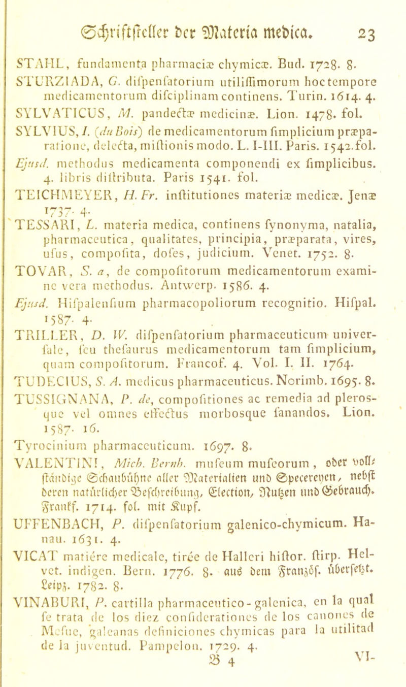 STAHL, funclamcnt.a pharniacia; cliymic®. Bucl. 1728* 8- STUPvZlADA, G. dirpenfatoriuni utilifTimoriim hoctempore ineflicamcntorum difciplinam continens. Turin. 1614. 4. SYLVATICUS, M. pandecT:!* medicinse. Lion. 1478. fol. SYLVIUS, I. {du Bois) de medicamentorum fimplicium praepa- rntione, delefta, millionis modo. L. I-Ill. Paris. 1542.fol. Ejusd. mcthodus medicamenta componendi ex fimplicibus. 4. libris diÜributa. Paris 1541. fol. TEICHMEYER, H. Fr. inftitutiones materiae medica?. Jen$ 'TESSARI, L. niateria medica, continens fynonyma, natalia, pharmaceutica, qualitates, principia, praeparata, vires, ufus, compofita, dofes, judicium. Venet. 1752. 8- TOVAR, S. a, de compofitorum medicamentorum exami- nc vcra mcthodus. Antwcrp. 1586. 4. Ey.isd. Hirpalenfium pharmacopoliorum rccognitio. Hifpal. >587- 4- TRILLER, D. IK difpenratorium pharmaceuticum univer- falc, l'cu thefaurus medicamentorum tarn fimplicium, quam compofitorum. Francof. 4. Vol. I. II. 1764. TUDECIUS, S. A. mcdicus pharmaceuticus. Norimb. 1695. 8* TUSSIGNANA, P. de, compofitiones ac remedia ad pleros- que vel omnes elfccfus morbosque fanandos. Lion. 1587- 16. Tyrociuium pharmaceuticum. 1697. 8- VALENTIN!, Mich. Beruh, mufcum mufeorum , obcf'•'olli! ftdtibiv]c 0chaiiOuf)tic aller 'DDtatertaltcn unö 0peccm)cit/ ncbfl bereu uati'tr(id)er Q3efd)reitum;v QilcetioU/ 3]nfjcn imb@c6raud). ^raiiff. 1714. fol. mit .^upf. UFFENBACH, P. difpenfatorium galenico-chymicum. Ha- nau. 1631. 4. VICAT matierc medicalc, tiree de Hallcri hiflor. ftirp. Hel- vct. indigen. Bern. 1776. 8- «uö bem §rau,^öf. üOerfet^t. 5eip,y 1782. 8- VINABURI, P. cartilla pharmaceutico-galenica, cn la quäl fe trata de los diez conlidcrationes de los canones de Mefuc, galeanas dclinicioncs chymicas para la utilitad de la juvciitud. Pampcion. 1729. 4. iö 4 VI-