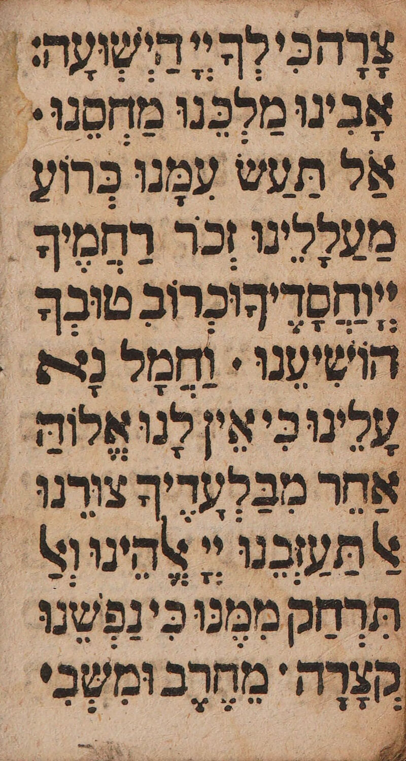 צרַהכילְהיי הישעה | אָבִינוּמִלְכָּנוּ מחסנו&lt; ‏ אל תעש עִמָנו ּבָּרוע. מעַלְלינו זכר רַחְמִף - ְחַסְרִיהוכְרוּבַ טוּכֶךָ הוש'ענו + וְחָמָל נָצ - עָלִינ ּכִיאִין לנו אֶלוח. אַחר מִבַּלְעְדִיָ צורנוּ - \מעוכנו י צְהִינוּנ- תִרְחִקְמִמְנוּכִינַפְשָנו הַצְרֶה מְחֶרֶב וּמַשָבִי -