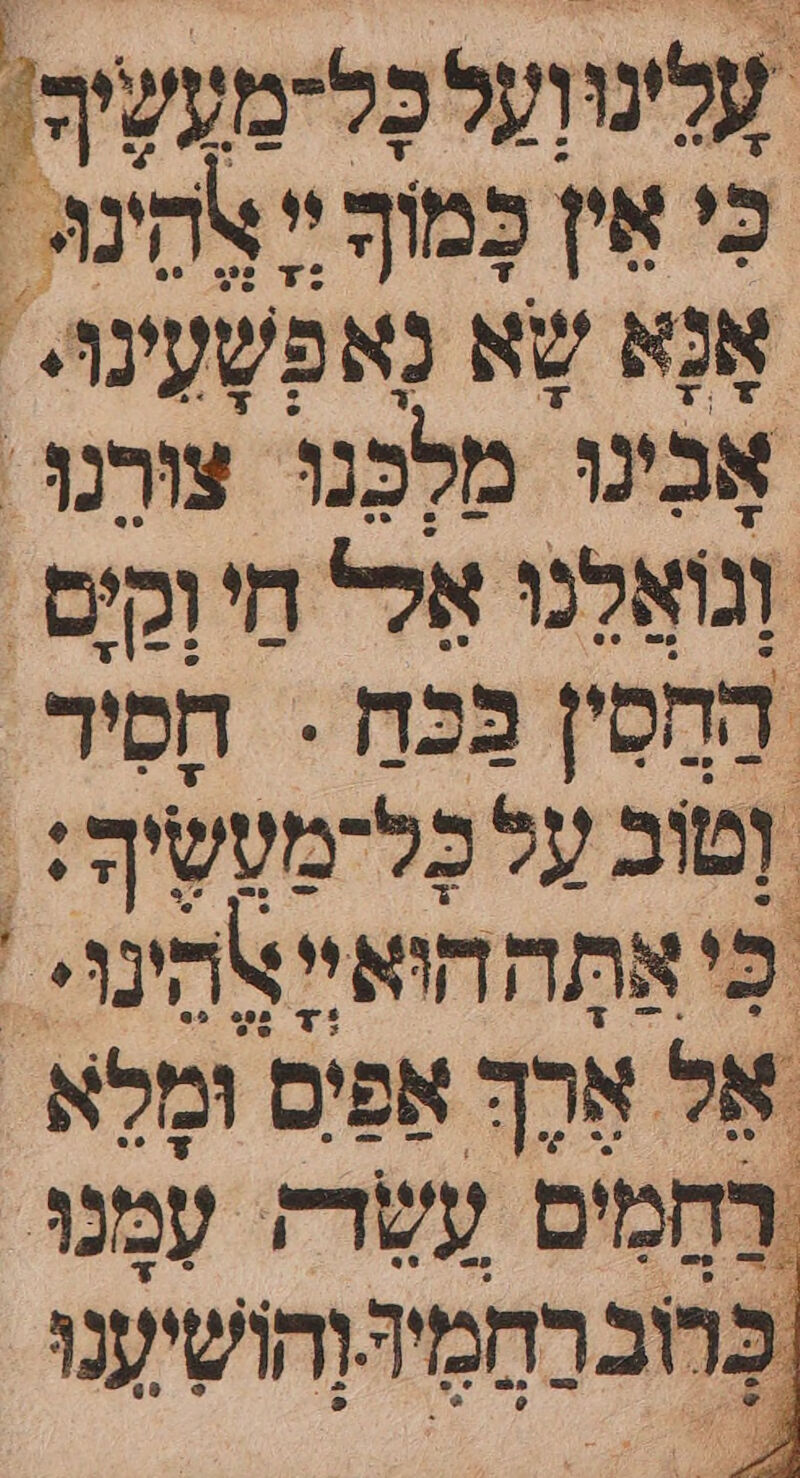 עלינועלכָלדמעְשָי: כ אין כמ צֶקינּ. אָגָא שָא נאפשעינו. אָבִינוּ מַלְכָנוּ צורנו: וְגוּאַלְנוּ אלל חי וקיש החסין בּכּח &gt; חָסִיר וטוב עַלבָּלמטשיף:. כִּי אַתְההואָאְהִינוּ. אל אֶרֶךָ אַפַים וּמְלָא - . רַחָמִים עשרז עְמָנוּ .מ בּברְמַמְהיענו