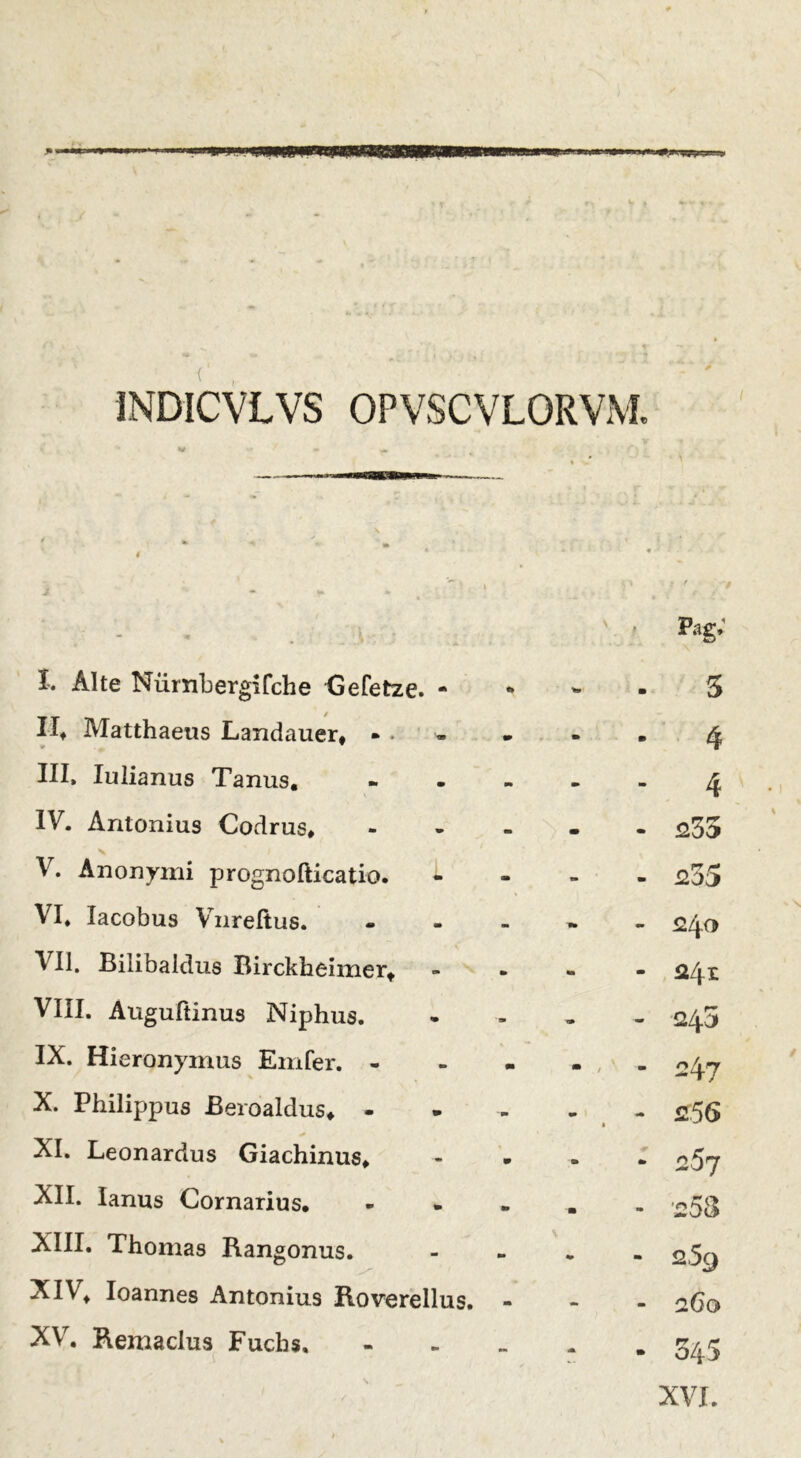 JNDICVLVS OPVSCVLORVM, * . \ V I. Alte Nurnbergifche Gefetze. - * w 5 IIf Matthaeus Landauer, * • - w 4 III» Iulianus Tanus. m - - 4 IV. Antonius Codrus, - • - 235 V. Aiionyini prognofticatio. i- m - ■ - 235 VI* Iacobus Vnreftus. - * - 240 VII. Bilibaldus Birckheimer, > M - 241 VIII. Auguftinus Niphus. -- - - 245 IX. Hieronymus Emfer. - m • / - 247 X. Philippus Beroaldus, - m m a - 2,56 XI. Leonardus Giachinus, W m - 25y XII. Ianus Cornarius. m -m - 258 XIII. Thomas Rangonus. fc» - 259 XIV, Ioannes Antonius Roverellus. M - - 260 XV. Remaclus Fucbs, - - 545 XVI.