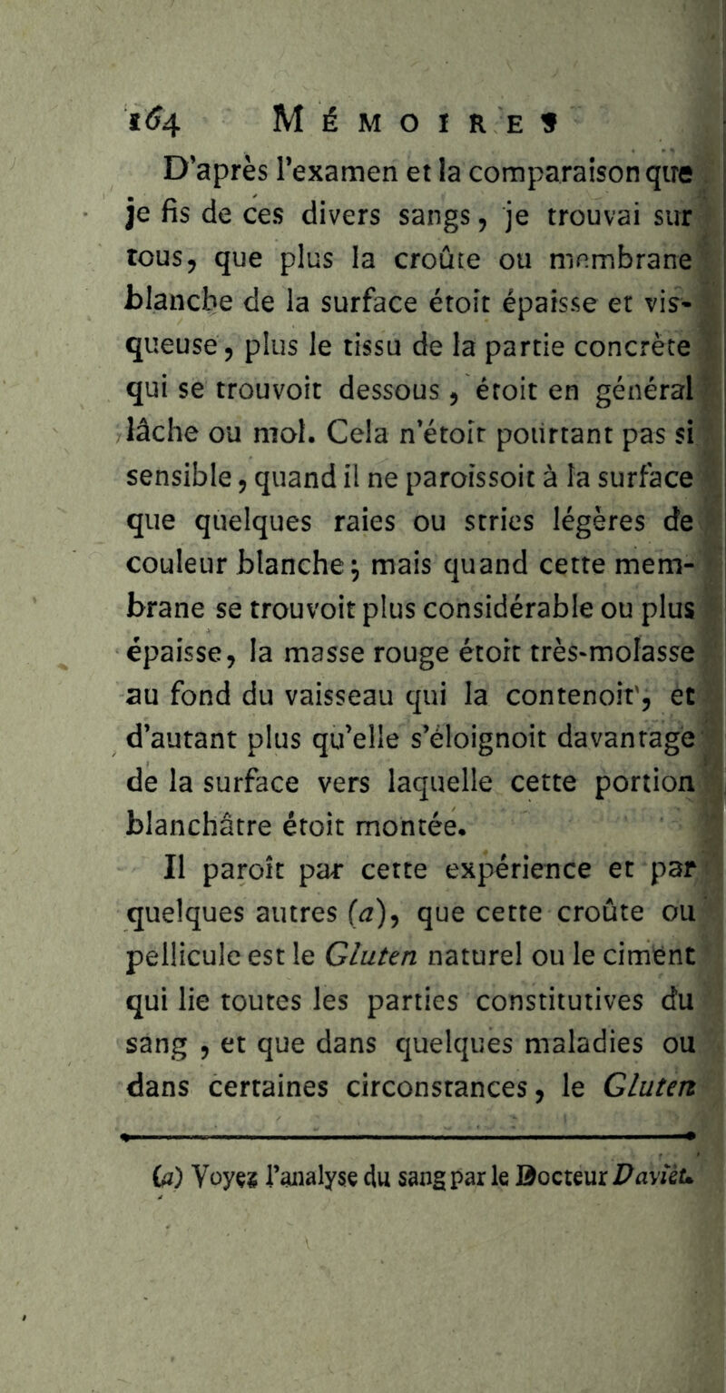 ï<?4 M É M O I R E f D’après l’examen et la comparaison que . je fis de ces divers sangs, je trouvai sur tous, que plus la croûte ou membrane blanche de la surface étoit épaisse et vis- queuse, plus le tissu de la partie concrète T qui se trouvoit dessous, étoit en général f lâche ou mol. Cela n’étoir pourtant pas si sensible, quand il ne paroissoit à la surface ' | que quelques raies ou stries légères de ' I couleur blanche j mais quand cette mem- ■ j brane se trouvoit plus considérable ou plus ■ ! épaisse, la masse rouge étoit très-molasse j au fond du vaisseau qui la contenoit', et ■ d’autant plus qu’elle s’éloignoit davantage de la surface vers laquelle cette portion , blanchâtre étoit montée. Il paroît par cette expérience et par quelques autres (a), que cette croûte ou pellicule est le Gluten naturel ou le ciment qui lie toutes les parties constitutives du sang , et que dans quelques maladies ou dans certaines circonstances, le Gluten (a) Vüyçî J’analyse du sang par le ôocteur Pavîéu