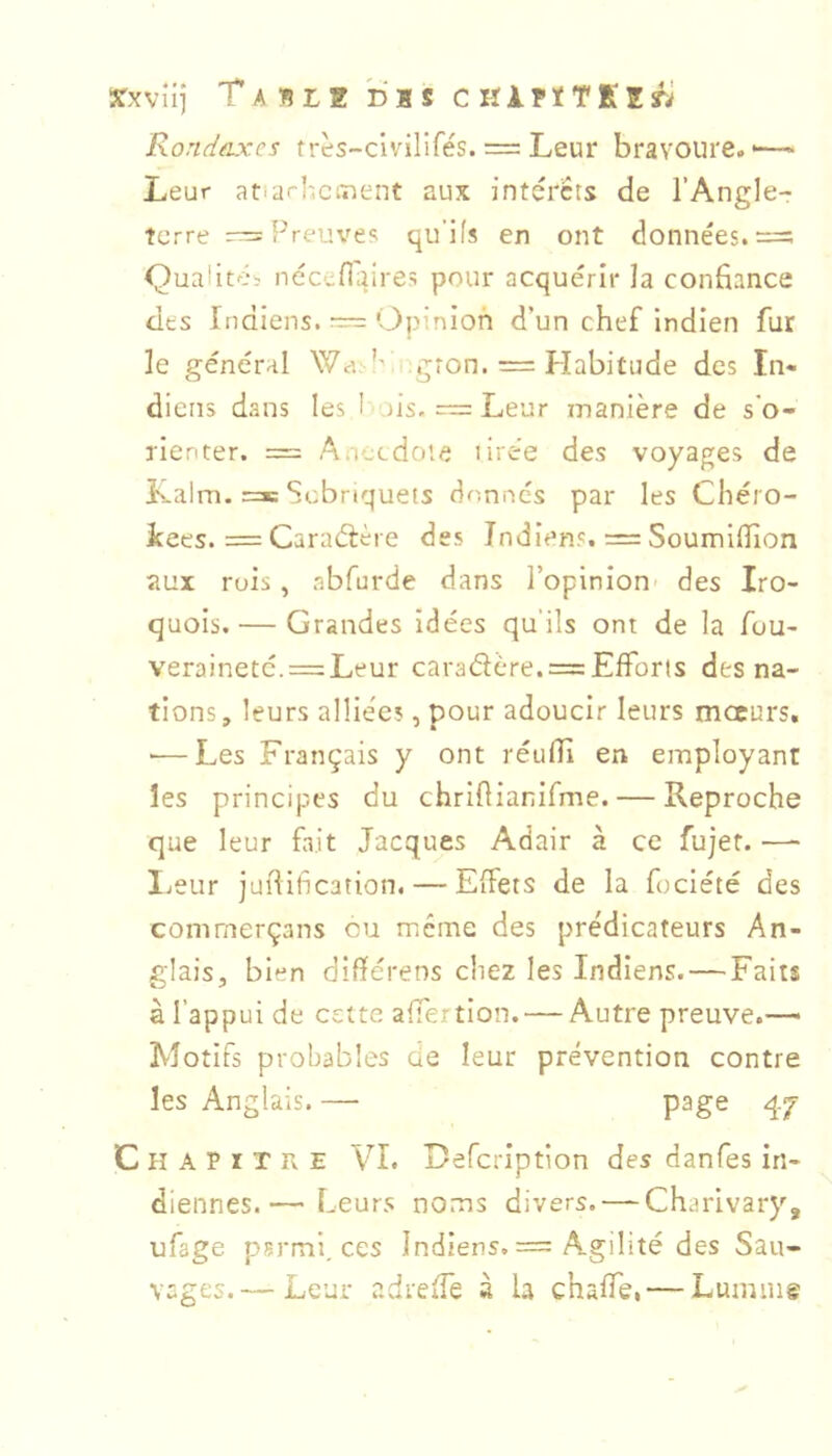 ïîTxvîij T A IB L g DIS C H1P ï T K E Rondaxcs très-clvilifés. = Leur bravoure.'—- Leur atiar-hciTient aux intércrs de l’Angle- terre — Preuves qu’ils en ont données.— QuaÜtéi nécefi'aires pour acquérir la confiance des Indiens. = Opinion d’un chef indien fur le général Wcvgron. = Habitude des In» diens dans les I jÎs. — Leur manière de s'o- rienter. = Anecdote lirée des voyages de Kalm. =3= Sobriquets donnés par les Chéro- Jeees. — Caraéfère des Indiens. = Soumifiion aux rois, abfurde dans l’opinion' des Iro- quois. — Grandes idées qu’ils ont de la fou- veraineté. —Leur caradère. —Efforts des na- tions, leurs alliées, pour adoucir leurs mccurs, ■—Les Français y ont réufii en employant les principes du chrifiianifme. — Reproche que leur fait Jacques Adair à ce fujer. ■—- I.eur jüfiification. — Effets de la foclété des comrnerçans eu meme des pre'dicateurs An- glais, bien difiérens chez les Indiens. — Faits à l’appui de cette affertion. — Autre preuve.— Motifs probables de leur prévention contre les Anglais. — page q.y Chapitre VI. Defeription des danfes in- diennes.— Leurs noms divers. — Charivary, ufage parmi, ces Indiens. — Agilité des Sau- vages.— Leur adreffe à la chaffci — Lumuig