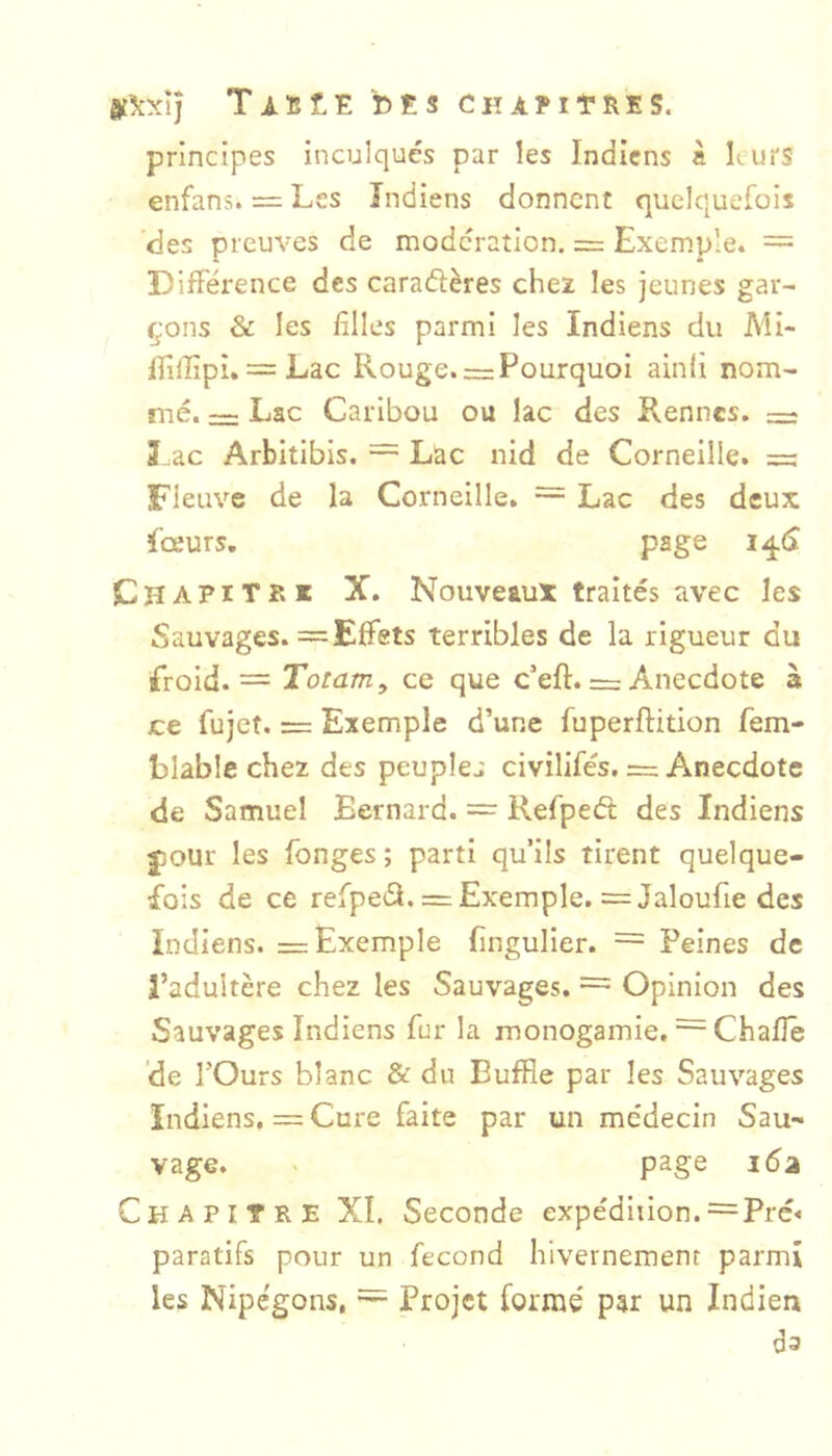 lf\yÀj Taïsî-E bEs Chapitres. principes inculqués par les Indiens à Kurs enfans. — Les Indiens donnent quelquefois des preuves de modération. = Exemple. = Différence des caraélères chez les jeunes gar- çons & les filles parmi les Indiens du Ali- fiilfipi. = Lac Rouge. = Pourquoi ainli nom- mé. =: Lac Caribou ou lac des Rennes. ï.ae Arbitibis. = Lac nid de Corneille. =; Fleuve de la Corneille. = Lac des deux feeurs. page ChapiTRK X, Nouveaux traités avec les Sauvages. = Effets terribles de la rigueur du Lroid. = Totam^ ce que c’eft. == Anecdote à ce fujet. = Exemple d’une fuperftition fem- blable chez des peuples civilifés, = Anecdote de Samuel Bernard. = Refpeâ; des Indiens j)OUr les fonges ; parti qu’ils tirent quelque- fois de ce refpeâ. = Exemple. ==Jaloufie des Indiens. = Exemple fingulier. = Peines de l’adultère chez les Sauvages. = Opinion des Sauvages Indiens fur la monogamie, ~ Chafle de rOurs blanc & du Buffle par les Sauvages Indiens. = Cure faite par un médecin Sau- vage. < page i(5a Chapitre XI. Seconde expédiiion.=Pré< paratifs pour un fécond hivernemenr parmi les Nipégons, = Projet formé par un Indien da