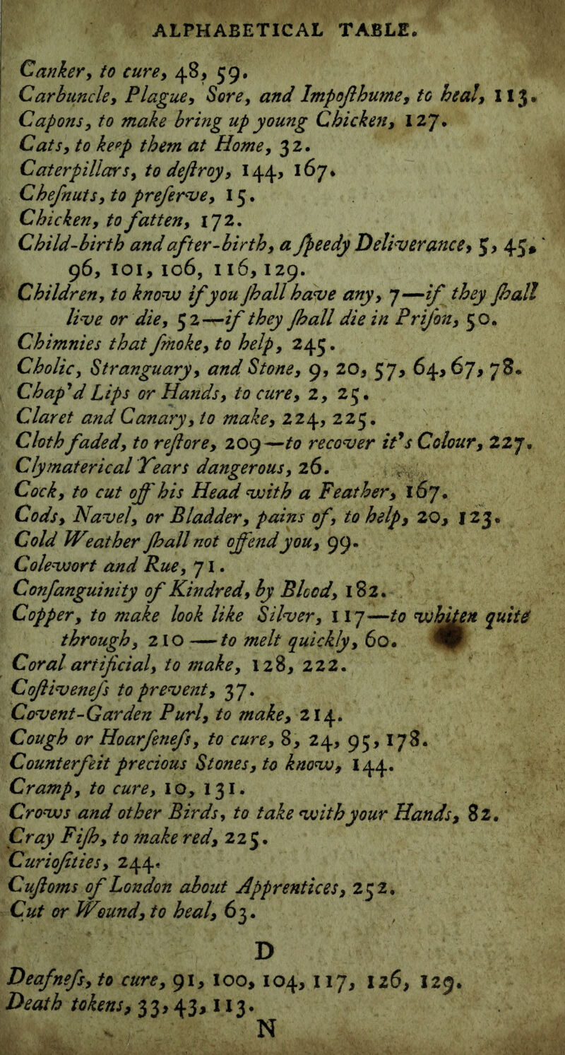 ! Canker, to cure, 48, 59. Carbuncle, Plague, Sore, and Impofthume, to heal, 113. Capons, to make bring up young Chicken, 127• Cats, to keep them at Home, 32. Caterpillars, todefiroy, 144, 167* Chefnuts,to preferve, 15. Chicken, to fatten, 172. Child-birth and after-birth, a ffeedy Deliverance* 45*' 96, 101, 106, 116,129. Children, to know if you Jhall have any, 7—if they Jball live or die, 52—if they Jhall die in Prifon, 50. Chimnies that fmoke, to help, 245. Cholic, Stranguary, and Stone, 9, 20, 57, 64,67, 78. Chap'd Lips or Hands, to cure, 2, 25. Claret and Canary, to make, 224, 225. Cloth faded, to refiore, 209—to recover it*s Colour, 227, Clymaterical Tears dangerous, 26. Cock, to cut off his Head with a Feather, 167* Cods, Navel, or Bladder, pains of, to help, 20, 123. Cold Weather Jhall not offend you, 99. Colewort and Rue, 71. Confanguinity of Kindred, by Blood, 182. Copper, to make look like Silver, 117—to whiten quite! through, 210 —to melt quickly, 60. Coral artificial, to make, 128, 222. CoftiveneJ's to prevent, 37. Covent-Garden Purl, to ?nake, 214. Cough or Hoarfenefs, to cure, 8, 24, 95,178. Counterfeit precious Stones, to know, 144. Cramp, to cure, 10,131. Crows and other Birds, to take with your Hands, 8 2. Cray Fijh, to make red, 225. Curiojities, 244, Cufioms of London about Apprentices, 252, Cut or Wound, to heal, 63. D Deafnefs,to cure, 91, loo, 104, 117, 126, I29. Death tokens, 33,43,113. N
