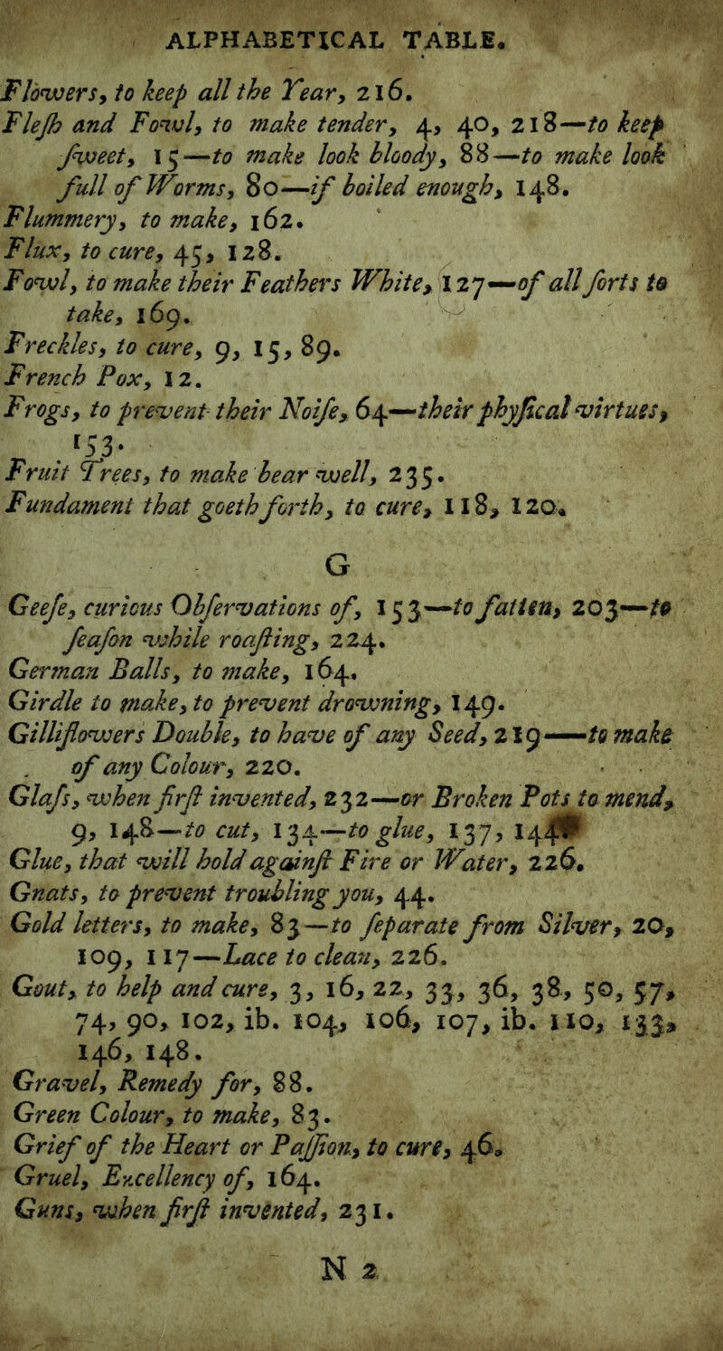 Flowers, to keep all the Year, 216. Flejh and Fowl, to make tender, 4, 40, 218—to keep fweet, 15—to make look bloody, 88—to make look full of Worms, 80—if boiled enough, 148. Flummery, to make, 162. Flux, to cure, 45, 128. Fowl, to make their Feathers White, 127—of all forts to take, 169. Freckles, to cure, 9, 15, 89. French Pox, 12. Frogs, to prevent their Noife, 64—their phyjical virtues, Fruit Trees, to make bear well, 235. Fundament that goeth forth, to cure, 11 S> 120. G Geefe, curious Obfervations of, 153'—tofatten, 203—ft feafon vshile roafting, 224. German Balls, to make, 164, Girdle to make, to prevent drowning, 149. Gillifovsers Double, to have of any Seed, 219—te make of any Colour, 220. Glafs, when firfl invented, 232—or Broken Pots to mend, 9> 148 —to cut, 134—to glue, 137, 14^ Glue, that will hold againji Fire or Water, 226. Gnats, to prevent troubling you, 44. Gold letters, to make, 83—to feparate from Silver, 20, 109, 117—Lace to clean, 226. Gout, to help and cure, 3, 16, 22, 33, 36, 38, 50, 57, 74, 90, 102, ib. 104, 106, 107, ib. no, 133, 146, 148. Gravel, Remedy for, 88. Green Colour, to make, 83. Grief of the Heart or Pajjion, to cure, 46, Gruel, Ev.cellencyof, 164. Guns, when firjl invented, 231.