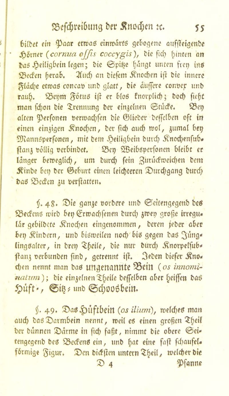 ’ 6j[bef ein ^aar etiraö eimvarfö gcBogenc öuffTcigen&e ■ ■ J^örn^r {cornua ojfis coccygis), tie fia) leinten on I l?aö ^eiligbetn te^en; &ie 0pi^c f;angt unten fiep {ne? ' 25ecfen ^era&, 3(iicf) on tiefem ^nod)en ifr tie innere ' ettuaö concaü unt glatt, &te dufjere conv)ejr unb rau^. S5epm ^otue? i|? er Moö fnorp(icf); boc^ fiepe i man fd)on bie ‘Trennung bec ein^ehien 0tüdPe. S3ep j ölten 55erfonen berroad^fen bie ©lieber beffelben oft in I einen einzigen ^nodjen, ber fid) auep rool, jumal 6ep I SDianmSperfonen, mit bem >^ei(igbein buid; ^nod;enfub# I flanj bodig rerbinbet. 25ep ^eibßperfonen bleibt er langer beireglid), um bureb fein t>em ^inbe bep ber ©eburt einen (eiepteren 2)urd;gang burd) ' baö ^eeben 3U berftatten* ^,48* ^ie gan^e borbere tmb 0erfengegenb beö S3ecfenö roirb bep ©rrcaebfenen burd; jtrep grope irregu* lär gebilbcte ^nod)en eingenommen, bereu feber aber bep Sintern, unb biömeilen nocb'biö gegen bag (inggalter, in brep ^peile, bie nur burd) ^norpeffub* fian^ betbunben finb, getrennt iji. 3eben tiefer Kno- chen nennt man baö ungenannte 53ein (Oi- innomU natiim)\ bie einzelnen“^peile beffelben aber griffen böö 5puft', ©i^Minb @d;öü6bem» 49* 2)a0 Hüftbein {osiUum), meldjeö man aud) baöX)armbein nennt, meil e6 einen großen ^peil ber bunnen 3)drme in fid) fa^t, nimmt bie obere 0ei- tengegenb be6 23ccfen0 ein, unb pat eine fafi fd)aufeU förmige gigur« X)cn bicf(len untern 5pei(, reelcber bic X) 4 ^fönne