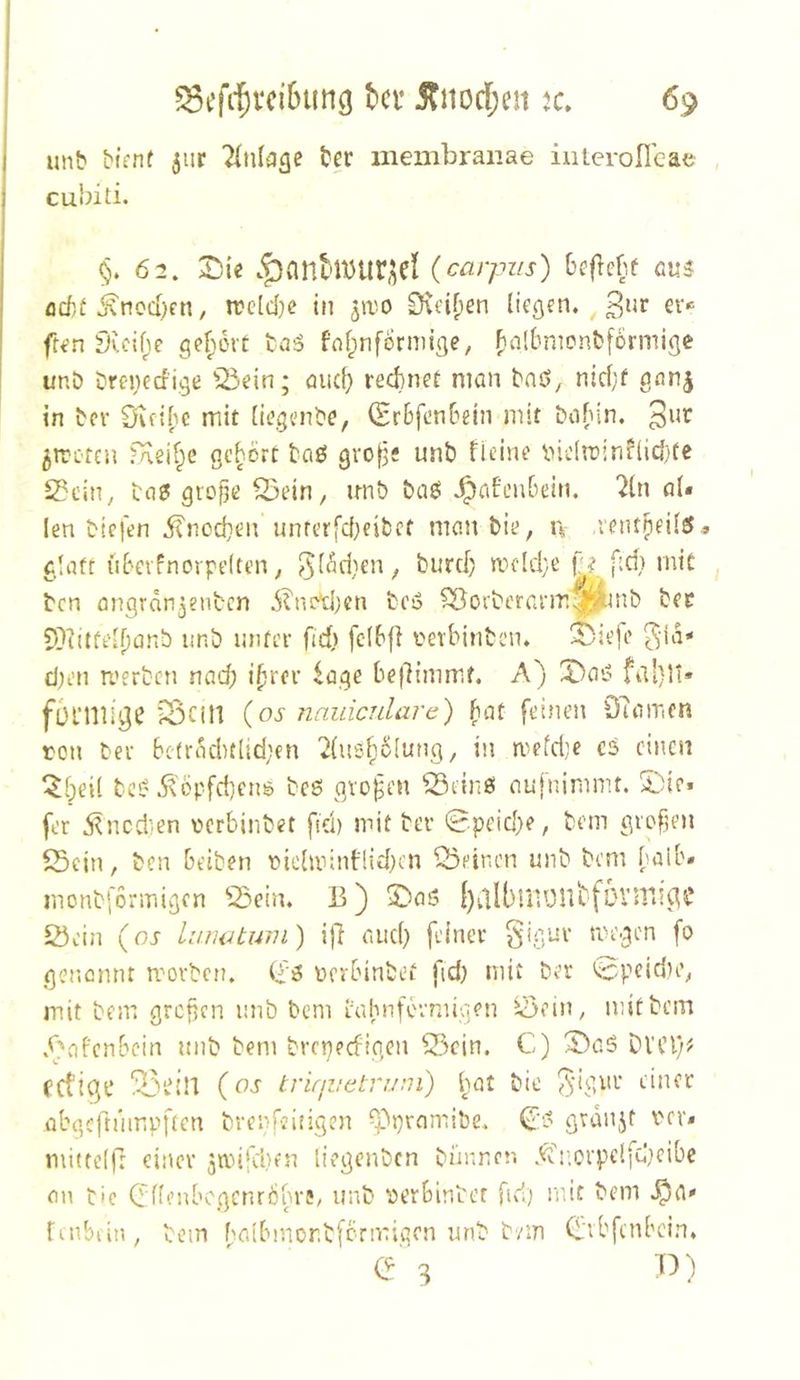unb bifnf 5Uf Tltüaae ber inembraiiae interoneae , cubiti. ^.62. X)k ^^nni’Wuri^el (cai'pzis) Oeflcbf cu3 flcf)^ ^ncd)en/ n?cld}c in Svfi[)en (icflen. 3ur er* ft<?n SUif)c ge^uMt fcaS foipnformige, f)al6monbformiöe unb brn}ed’i,9ß ^^ein; üik() rechnet man baß, nid;f ganj in bcr Svcifie mit liegenbe, (SrBfenbein mit babin, 3^*^ ^treten faeif^e geprt baß gvof^e unb fleine idc(n)inf(id}te 2?ein, boß gro|3e ^ein, imb baß ^afonBein. ?(n aU len biefen i?nod}en unrerfd^ibet mau bie, n .renthfüß« claft id'evPnorpelten, hurd) n}fld;e f'f f;d) mit ben ongrdn^enben ilni^tj}cn beß ^orberanr.^mb ber 5)}ittfe-f)anb imb inifcr fid) fcIBfl i'evbinbcn. ^iefe ^‘id* d;en merben nad; ihr<’i’ bedimmif. A) 2)aß fülMllige 23cill (os nauicularc) ^at feinen 07iimcn ton bei- Bc(rdd)(lid;en 2(u5^5(ung, in mefd]e cß einen ^fpeil beß ^dpfd)cnö beß großen ^iSeinß nujnirnmt. 5)ie. fer d^ncd’en terbinbet fid) mit bei- ©peid^e, bem giofjen S5ein, ben Beiben tichinntlid^en ^Seinen imb bem baib« monbformigen S3ein, 13} ©aß f)dlbHiOntfDVn3!g^ Sein {os lurnUum) i)l and) feiner Signr megen fo genonnt movbet?. ti'ß tcrlnnbef fid) mit ber >;cpeidu’, mit bem grefien nnb bem eahnfei-niigen öein, mit bem .^)afcnbcin nnb bem brepeefigen 53cin. C) !4)aß DVCl/^ fCfigC ^s?in {os trifjuctruni) böt bic 543^-' übgcftümpflcn brenfeiiigen ^^prnmibe. C:ß mittelfr einer 3mi‘cben liegenben binmon .v?r,ovpdfu)cibe cm tie (l'fieid’ogenrdbrs, unb terBinbcf fud; mit bem ^a<- fenbkin, bein haibmor.bfcrmiarn nnb b/in (bvbfeid'cin* e''g :d)