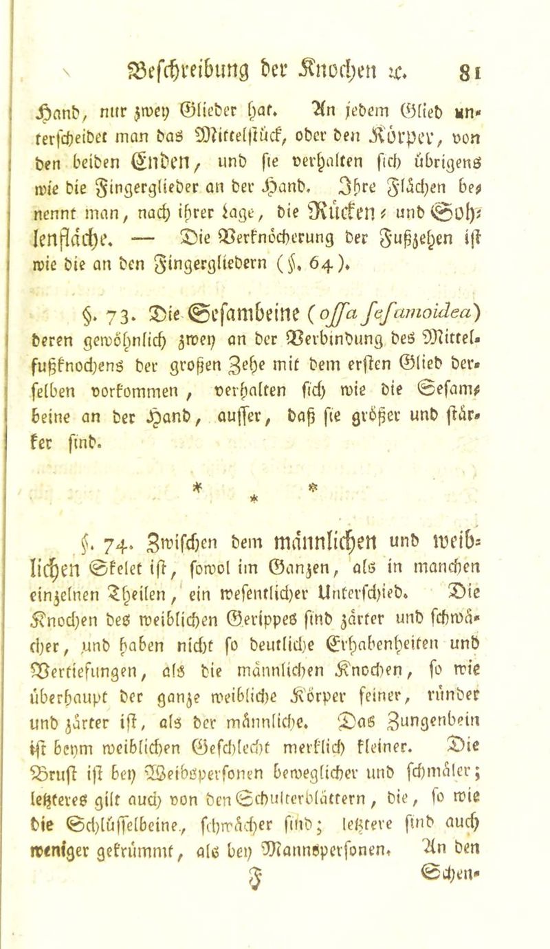 ^nnb, nur jmcp ©lieber f^af» 7{n /ebern ©Heb «n- ferfcbeibei inan baö 5)?ifte(|iücf, ober ben J)t6rpcv, non Den beiben unb fie nerl^alten fiel) übrigenö nne bie ^inger^lieber an ber Jpanb. 3bro nennt man, nac^ ihrer iage, bie iKÜcfen ^ unb 0ül)J IenjHdrf)e« — ^ie Q3erfn6cherung ber S'w^jef^en ij? wie bie an ben ^ingecgliebern (§, 64)» 73* ®ie 0cfambeine {ojja fefamoidea) beren gemofpnficb QSevbmbung beö 9}]itfeU fu§fnod)enö ber großen mit bem erj^en ©lieb ber* felben norfommen , nerbalten fid) tnie bie 0efam^ beine an bet ^anb, auffer, ba^ fie gvbper unb ftür* fet finb. ^ >S! * 74. S'^dfdjen bem mdlinlicl^etl unö IVt’ib* licl^en 0fclet ift, fomol im ©anjen, a(ö in manchen einzelnen ^§ei(en, ein mefentlidjer Unterfd)ieb* 25ie 5vnod)en beb mei&(id)en ©erippeö finb ^drter unb fchmd* d)er, .unb hohen nid)t fo beuflidje ©v^nhenheiten unb Vertiefungen, afb bie mdnnUd)en ^nod)en, fo n?ie überhaupt ber ganje ti>eih(id)e ^'örper feiner, nmber unb jdrter iff, 0(3 ber mdnn(id)C, ‘2^aß ift bepm mcihlichen ©efd)(ed)t merf(id) fleiner. 55ie Vrufl ijl hep ^eiböperfonen beweglicher unb fd)mdler; Icpteveb gilt aud; non ben^chuircrbliittern , bie, fo rote bic 0d)lu)Telbeine., fdjirdcher fmb; lepteve ftnb aud) irenfger gefrummt, a(3 bep 5)?ann6pevfonen* dn ben ^ 0d;en