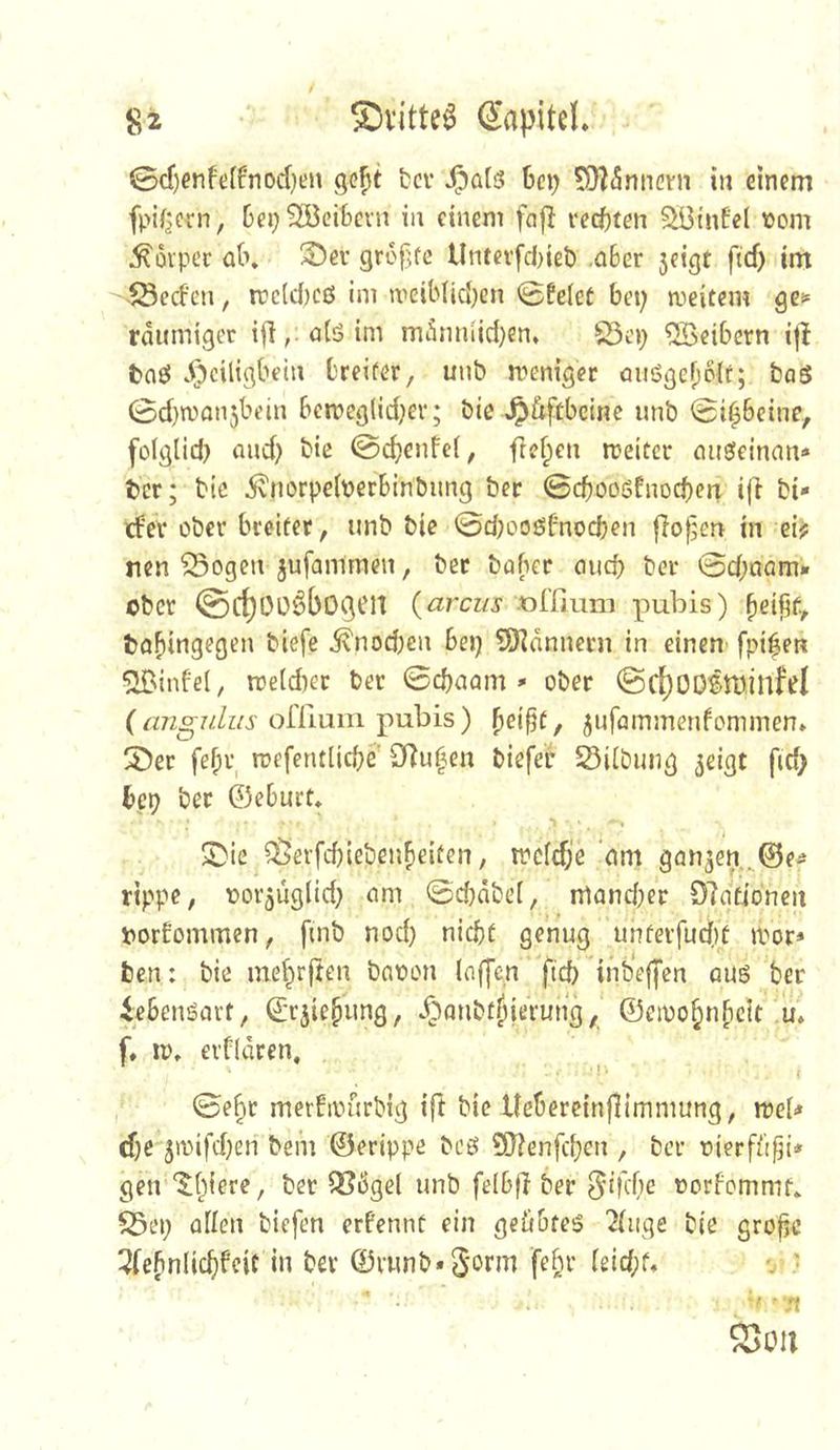 0cf)enfe[fnod}en gc^t tcv 6ci) ^O^fSniietit tu einem fpifjern, Dep^eiteni iit einem fafl l‘ec^)ten ^tnfei t)om ^oipec ö(\ 3ü)er grof^fe Untcvfd>ieli ,ö6er 3figt ftd) im -$5crf’en, mG(d)cß im iveiblid)en 0fe(et bet; weitem raumiger ifi,.a(öim m5mi(id)ent S3e»; Leibern i|l taß vijciligbeiu breiter, unb weniger miögebplr; baS 0d)won5bein beweg(id;ev; bie ^öftbcine unb 0i^6eine, fofglid; and; bie 0d;enfe(, ftefpen weiter mtßeinan* tcr; bic ^\norpe(perbinbung ber 0d)ooßfnod)en iji bi- irfer ober breitet, unb bie 0d;ooöf'nocben fioj^en in eh rten 53ogcn jufammen, bet bober mid) ber 0d;onm«« ober 0rf)Ol)6bogen («rcz/j .toirium pubis) ^eipf, biefe j?nod;en bet; ?Ö^dnnern in einen- fpi|en ^^infe(, we(d)er ber 0d)aam » ober ©rf)00ßtt)infel (onium pubis) ^ei^f, jufammenfommen» S)er fei;r wefentlicbe' 9]u|en biefer Silbung ^eigt f(d> ber; ber ©eburt* ■> I 5>ie ^erfdneben^eiten, wc(djc ’nm ganzen ^©e^ rippe, oorjuglid; nm 0d)dbei, mand;er 97afibncn porEommen, finb nod) nicht genug uttterfucitf wor* ben: bie mef;ir(teu baoon (cifyen ftd) inbe||en oug ber i^bensjart, ©rjiehung, d^mibt^ieruhg, ©ewo§n(ictt u» f, w, erfldren, ^ 0e^r merEwürbig ift bie Ueberetnflimmung, web d)e jn)ifd)en bein ©erippe bcß ?0lenfc{)en , ber oierfft^i* gen '$:t;)iere, bet Q^ögel unb fdbfi ber 5d'd)e oorfommt» ^ei) allen biefen erPennC ein geübteß '2(iige bie gro^c ^febniichfcit in ber ©r«nb*5‘^fJ^ (eid;b v •