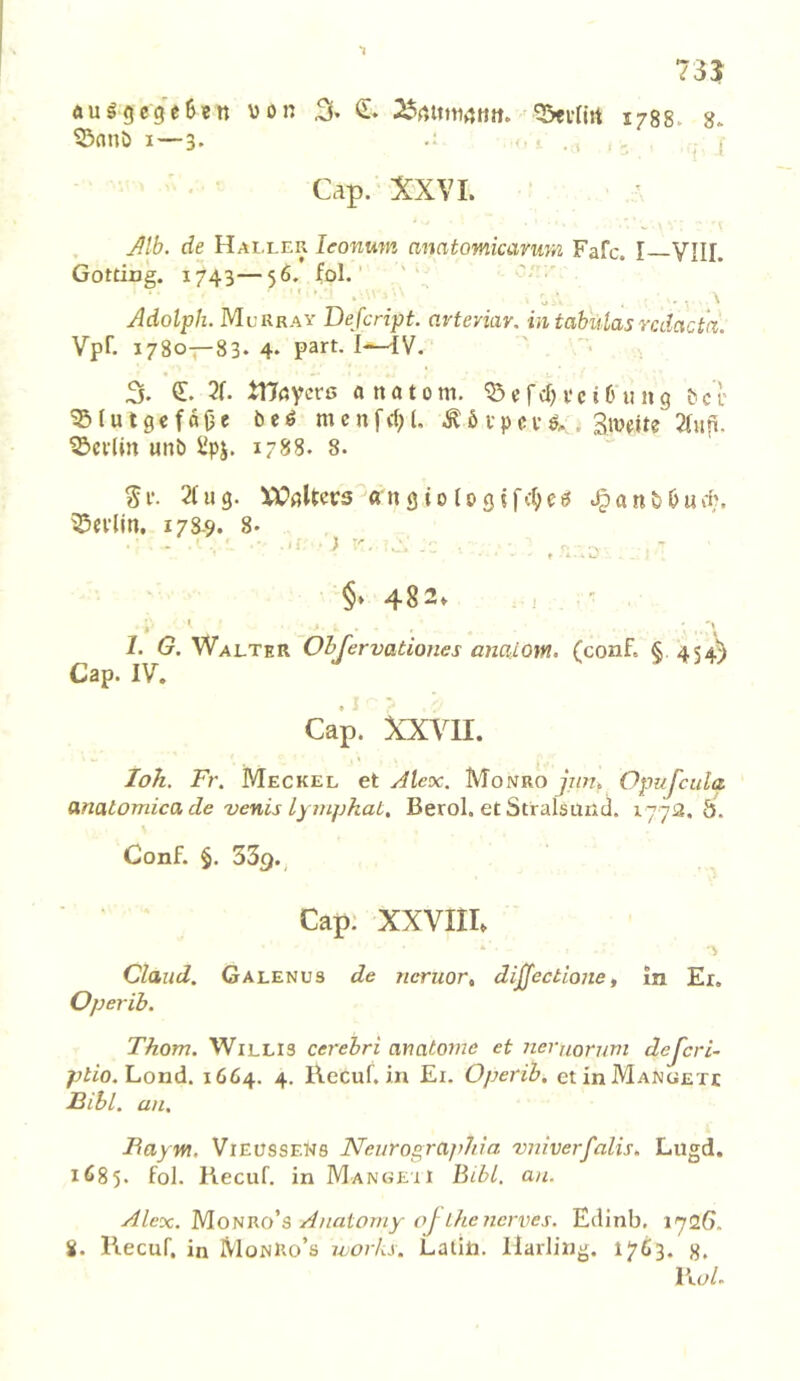 731 ftuggegeSen \)on ^vllit 1788- 8. 55nnö I—3. .i , Cap. XXVI. Mb- de Haixer leonum anatomicarum Fafc. I VIII. Gottiüg. 1743—56. fol.' ' ' Adolph. Murray Defcript. avteviav. in tabulasrcdactn. Vpr. 1780-;—83* 4* part- I-^V. 3. 2f. ITTöycrß a n a 10 m. 'iÖ c f3) i*c i C' u n 9 ^c r ^lutgcfflöe öcö mcnfc(;U ^6 vpcu. Sweite Stuft. ©cfUn unb l'pj. 178S. 8. Si‘. 2tug. XiSßUers «ngiotogjfc^eö Jpanbburf;. 25evljn, 178-9. 8. §♦ 482» i 'I » \ 1. G. Walter Ohjervationes anaiom. (conf, § 454^ Cap. IV. Cap. XXVII. loh. Fr. Meckel et Alex. Monroj;/?/. Opufcula anatomica de venis lymphat, Berol. et Stralsund. i jj2. b. Conf. §. 339. Cap. XXVIIC - > Claud. Galenus de neruor, diffectione, in Er, Operib. Thom. Willis cerebri anatome et neraoruvt dejcri- ptio. L,ond. 1664. 4. Recuf. in Ei. Operib, etinMANüEXE Bihl. an, Fayyn. Vieussens Neurographia vniverfalis. Lugd. 1685. fol. Recuf. in Manüeii BibL. an. Alex. yio\iV.o'?> Anatorny of Lhenerves. Edinb, 172G. 8. Recuf. in MonRo’s works, Latin, llarling. 1763. 9, R.u/.