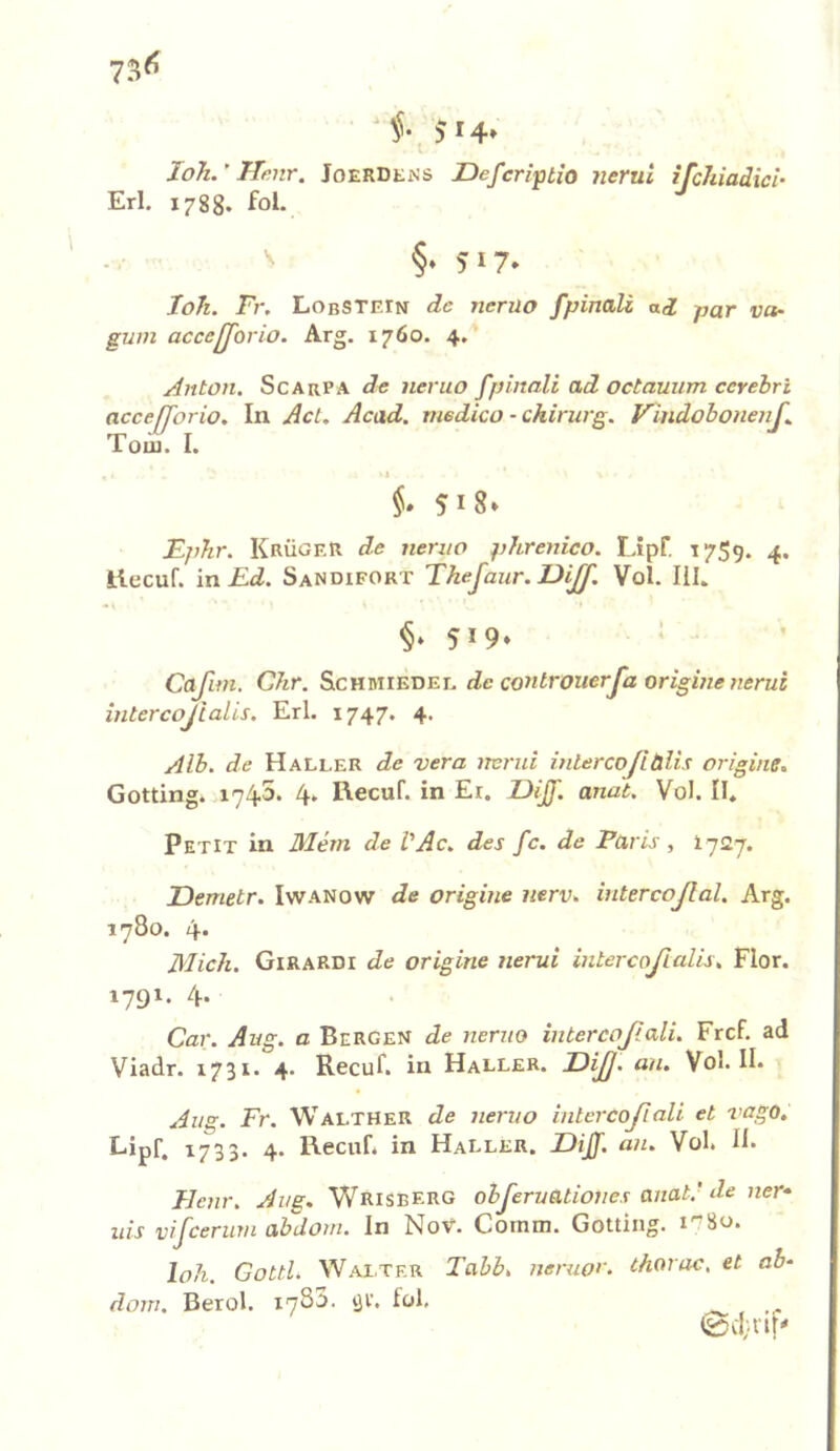 i- 514» Erl. 1788 JoJi.'Henr. Joerdens Defcriptio nerul ijchiadici- 1788. fol- §♦ 517* va- loh. Fr. LoBSTErN de jieruo fpinali ad par gwn acceß'orio. Arg. 1760. 4.' Anton, Scarpa de neruo fpinali ad octauum ccyebri acceß'orio. In Act. Acad. medico - Chirurg. Vindobonenf,. Toin. I. 1 518» Fphr. Krüger de nemo phrenico. Lipf, 1759. 4. llecuf. in Ed. Sandifort Thejaur. Uijf. Vol. lil. §»519» Cafim. Chr. S.CHmiET)ET. de controuerßz origme ?ierui intercojialis. Erl. 1747. 4. Alb. de Haller de vera mrui intercoftälis origine. Gotting. 174.5. 4. Recuf. in Er. Uijf. anat. Vol. II* Petit in Mem de VAc. des fc. de Paris , 1727. Demetr. Iwanow de origine nerv, intercoßal. Arg. 1780. 4* Mich. Girardi de origine nerui intercoßalis. Flor. 1791. 4. Car. Aug. a Bergen de neruo intercoßali. Frei, ad Viadr. 1731. 4. Recuf. in Haller. Diß. au. Vol. II. Aug. Fr. Walther de neruo intercoßali et vago. Lipf. 1733. 4. Recuf. in Haller. DijJ. an. Vol. fl. Tlenr. Aug. Wrisberg obßeruatioiies anat'de nev uis vifceriim abdom. In NoV. Cornm. Gotting. i8o. loh. Gottl. Walter Tahb. neruor. thorac, et ab- dom, Berol. 1783. üt. fol.