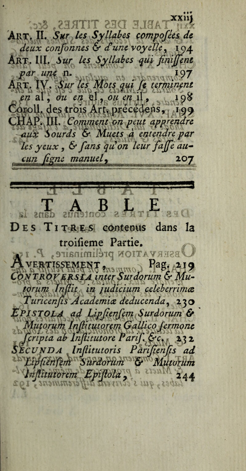 xxnj .K .23^TIT 230 3J3AI üx., AuT;^ II. Survies Syllabes compofUk dt deux conforines & cCune voyeue ^ 194 Art. ni. .Sur les^^Syllabes ^tit finiÿ^nt ai', &u Ç^APsjvIII. peup apprendre “ Sourds % Muets .à entendr les yeux, 6* fans qu'on leur fafféau- «^îiSL^SSLJaSimÉx aff<ïa^4n*jE»;-î5^*^jr A' J y T A, B 2n£,o zunaîno. la ll^îno^' ^ fT T i s : Des TitRjE-S( çonteoiis dans troifieme Partie. ;^i .‘l t snifinimifèiq noiTAVflazaw i^ser Suidpmm fypMu- tpr^n^^rml^A m judicium celeberrirnct Turicenjis Academiûêdeducendd^, 230 Ef lSTOL4^,a^ flpfenfpni^Suràorïm 6r ^ripta ab Inllitutore Lip\ien)\Trr ^nraornm çr il