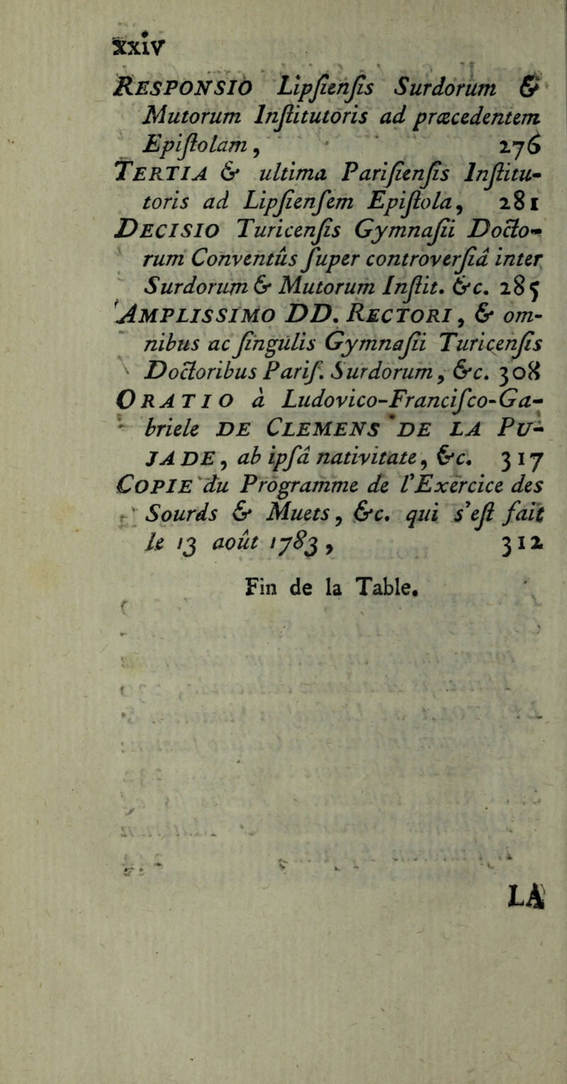 xxîv Responsiô Llpjimjis Surdorum & Mutorum Injlitutoris ad pmccdenum Epiflolam, 27^ Te RT IA & ultima Parijîcnjîs toris ad Lipjicnfcm Epijlola^ 281 Decisio Turicenjis Gymnajii DoBo^ rum Convmtûs fuper controvcrjiâ inur Surdorum & Mutorum Injlit» &c^ 285 ^Amplissimo DD. Rectori ^ & om- nibus ac Jihgùlis Gymnajii Turicmjis DoBoribus Parij Surdorum y &c. 0 RAT I O à Ludovico-Francifco- Ga^ ' bride DE Clemens de la Pu^ JA DE, ab ipfâ nativitate, Gc. 3 17 Copie 'du Pràgramme de VExercice des 1 Sourds & Muets y &c. qui s^ejî fait le ig août lySg , 312 Fin de la Table*