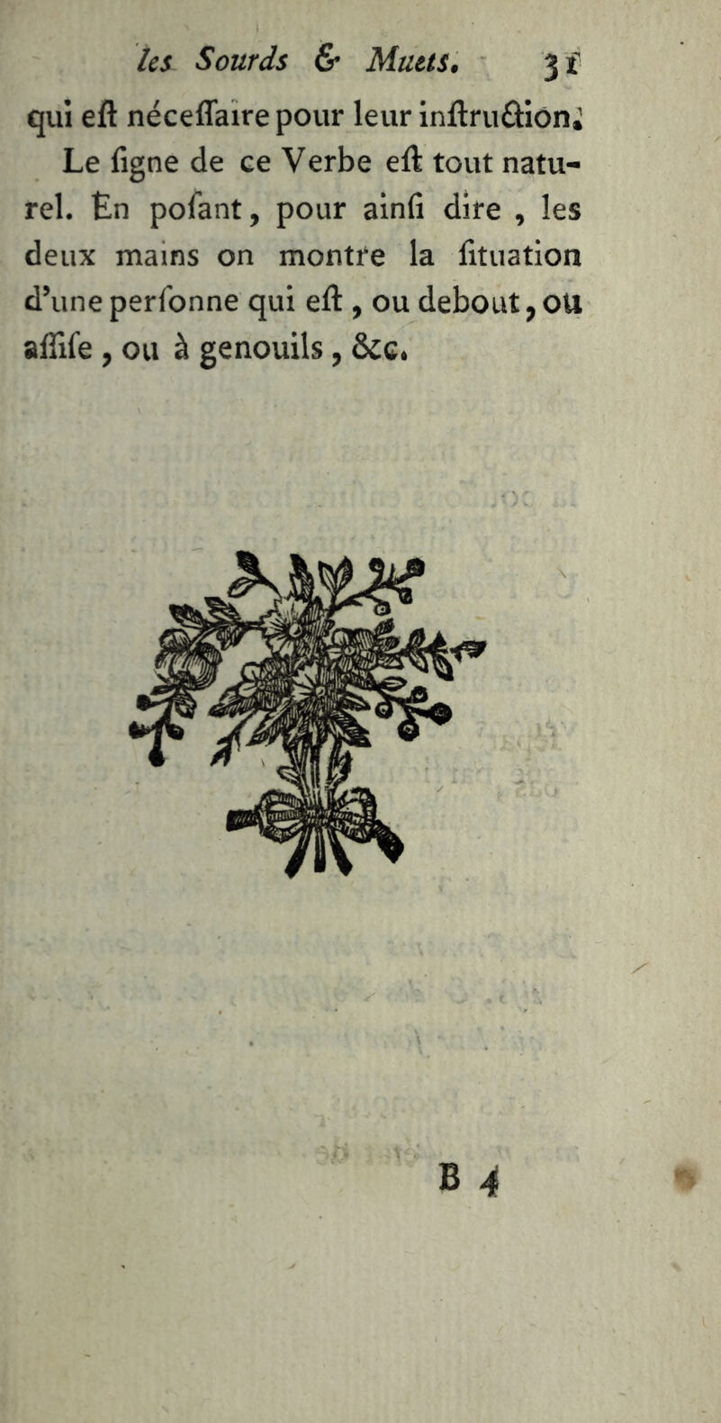 qui eft néceflaire pour leur inllruâioni Le figne de ce Verbe eft tout natu- rel. En pofant, pour ainfi dire , les deux mains on montre la fttuation d’une perfonne qui eft , ou debout, OU afîlfe, ou à genouils, &c.