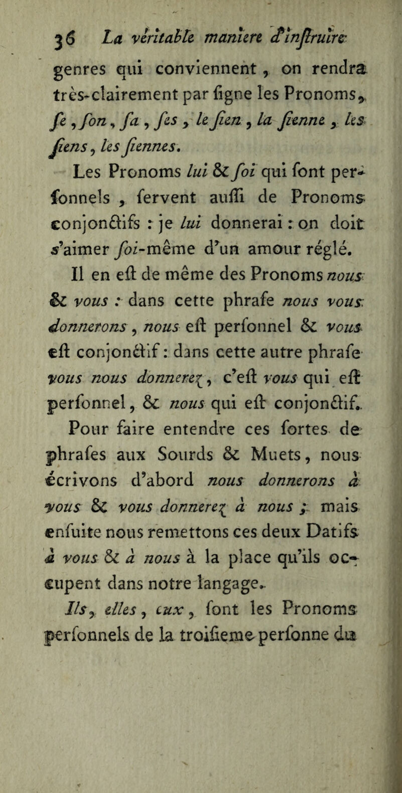 genres qui conviennent, on rendra très-clairement par ligne les Pronoms^ fe ^fonfa y fes , le Jîen , la Jienne , ks^ jîens y tes fiennes. Les Pronoms lui & foi qui font per* fonnels , fervent aulîi de Pronoms conjondifs r je lui donnerai : on doit s’aimer foi-mème d’un amour réglé. Il en eû de même des Pronoms nous: & vous :■ dans cette phrafe nous vous, donnerons , nous eft perfonnel & vous ell conjonâ:lf : dans cette autre phrafe vous nous donnerez y c’eft vowa qui elî perfonnel, & nous qui efl: conjondif.. Pour faire entendre ces fortes de phrafes aux Sourds & Muets, nous écrivons d’abord nous donnerons à vous & vous donnerez à nous ; mais enfuite nous remettons ces deux Datifs (fl vous & à nous à la place qu’ils oc-^ cupent dans notre langage^ Ils y elles y eux y font les Pronoms perfonnels de la troifieme perfonne dia