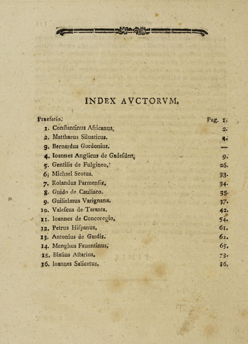 INDEX AVCTORVM, fraefatm; ’ « • \ X. Conftantinus Africanus/ 2. 2» Matthaeus Siluaticus. 4t • % 3. Bernardus Gordonius. « 4* Ioannes Anglicus de Gadefder?^ 9* 5. Gentilis de Fulgineof' 26. 6i Michael Scotus. 33- Kolandus ParmenfT*; 34» g. Guido de Cauliaco. ' 35- 9, Guilielmus Varignana, 37* 10. Valefeus de Taranta. 42. II. Ioannes de Concoregio,. « > 54* 12* Petrus Hifpanus* 6it 13. Antonius de Gardis. 62♦ 14. Menghus Fauentinus/ 6?* 15» Blafius Altarius* 73• l6t Ioannes Salicetus, i r I