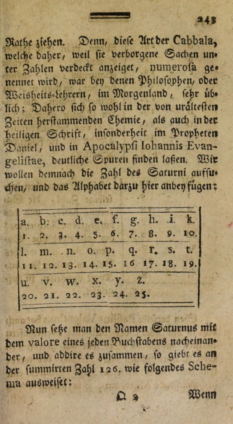 ■ • »45 steuert. S)«»nn/ biefe Tlreber Cabbala, welcije balper/ weil fie toerbor^ene 0acben un* ter Sablen terbeeft anjetget^ nuraeroia ge# nennet wirb/ war bei) benen ^f)iIofqpl)en/obec 505eiql;eitq*iel;rern, tm ^Olorgenlanb, feJ)r «b# lieb; ^ajero fid) fo wo^l in ber toon uraltefteii feiten f)erftammenben €f)eniic/ nJö oueb tnbec beiltgen 0cbrtffr infonberbcic im ^Vopbeteti ^Daniel, unb in Apocalypfi lohannis Evan- geliflae, beutlicbe 0puten finben la^en. 5D3tC wollen bcmnach bte @arürnt auffu* <ben/ unb baq Tllpbabct barju anbe^fugen; a. b. c. d. e. f. g. h. i. k. 1. 2. 3. 4. 5- ö- 7. 8. 9. 10. 1. “ m. - n. 0, p. r* 's. t. 11. 12. 13. 14- »5. lö *7‘ >8. 19. u. V. w. X. y. 2. 20. 21. 22. 23. 24. 25. ?nun fef e man ben Siomen 0afurnuö miC tem valore eines jeben ^^uebftabeng nacbeinan* ber r unb abbire e^ jufammen / fo gtebt es an ber fummirten §0^1 126. wie folgenbeö Sche- ma ausw^lfet; O % SßJrnn