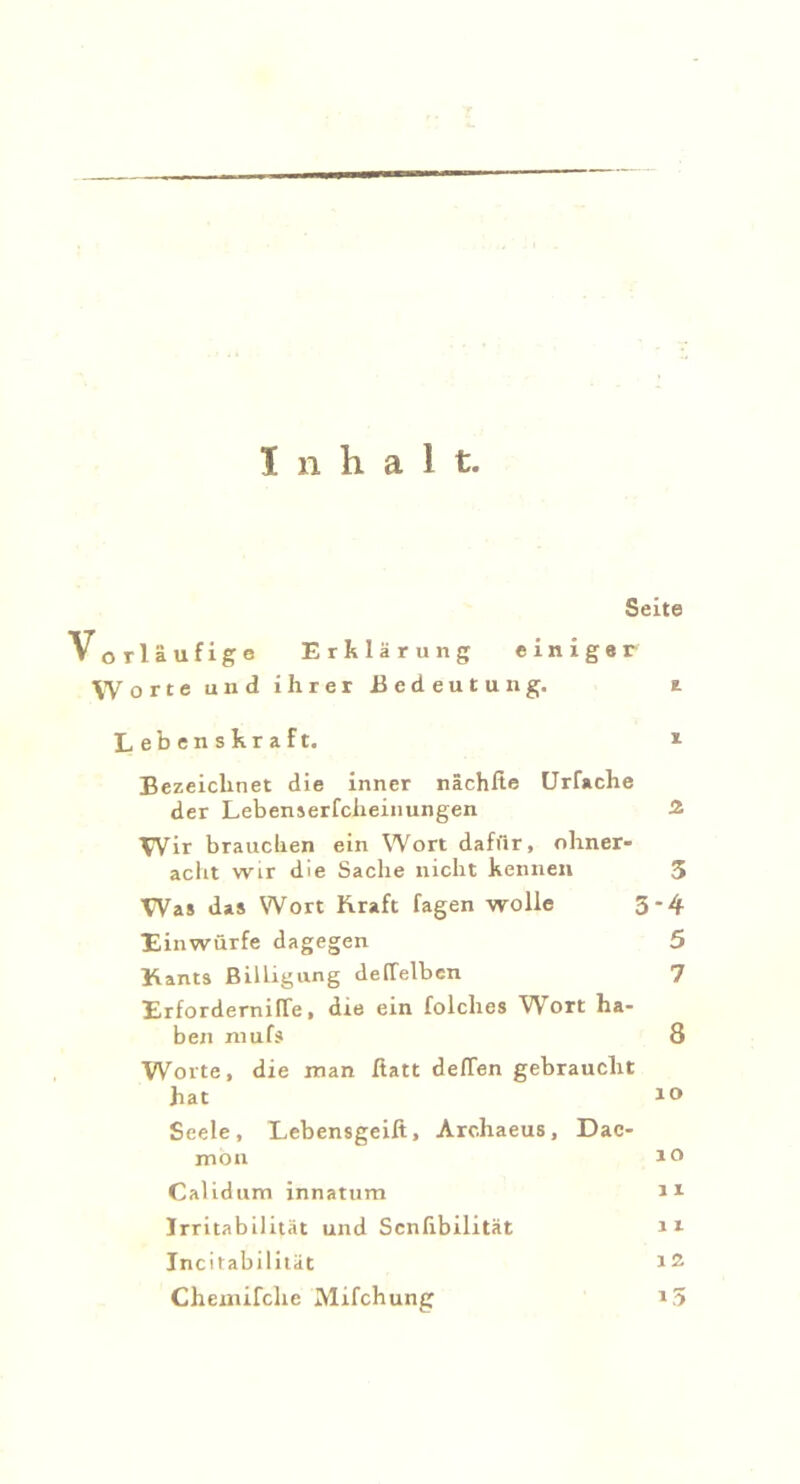 Inhalt. Seite Vorläufige Erklärung einiger W orte und ihrer Bedeutung. i Lebenskraft. 1 Bezeichnet die inner nächfte Urfaclie der Lebenserfciieiitungen Ä TVir brauchen ein Wort dafür, ohner- acht wir die Sache nicht kennen Was das Wort Kraft fagen -wolle 5- Einwürfe dagegen ErfordernilTe, die ein folches Wort ha- ben mufs 8 Worte, die man fiatt deflen gebraucht hat 10 Seele, Lebensgeilt, Arc.haeus, Dac- mon 10 Calidum innatum 11 Irritabilität und Scnlibilität r l Incitabilität >2 Chemifche Mifchung 15 W m