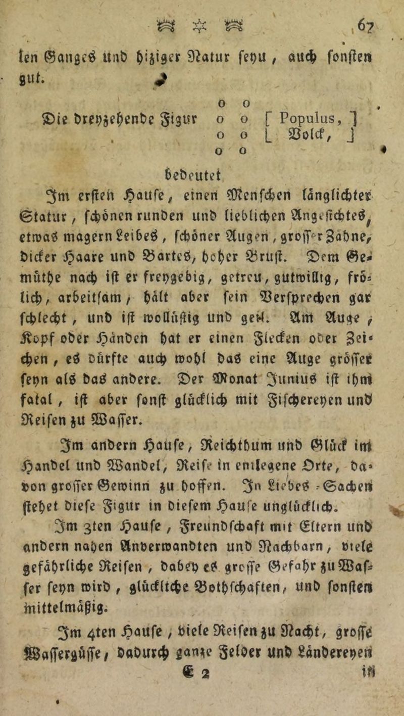ten ©angctf «ab Statur fepu , au# fon(ien • 9« *• ^ o o »Die brer^ebenbe Sigur o o [ Populus, ^ o o l 23 01 cf, J 00 4 Gebeutet 3m erfteh ßaufe, einen $?cnf#cn länglicbter ©tatur, fronen runben unb lieblichen Sing*tlcbteä, etroa« magern Seibeö , fcboner 3ugen , grojf^r 3abne, bicfer Jpaare unb 25artc0, l)ct)er 35ru)f. Sem <$e* mut^e na# iff er freigebig, getreu, gutwillig, fro^ li#, arbeitfam/ hält aber fein 23crfprerben gar fd?le#t , unb ift rooQüfitg unb gevl. &m 2luge , jvopf ober Jpänben bat er einen glecfen ober ;3et« eben , eö Durfte auch toobl baä eine SSuge großer fet)n als baä anbere. S)er Wonat 3uniü0 ift ibni fatal , ifl aber fonft glücfli# mit gifcberepen unb SKeifen §U Sßaffer. 3m anbern fpaufe, 9tei#tbum unb PHücf im Jpanbel unb SBSanbel, SKeife in entlegene Orte, Da* ton grofier ©eromn $u hoffen. 311 Siebcä .-©acbert (lebet biefe gtgur in Diefem £auj'e unglucflidj. 3m 3ten Jjaufe , ^reunDfcbaft mit (Eltern unb anbern naben ßlnöerroanbten unb Nachbarn, »tele gefährliche Oieifen , babep e0 greife (Hefabr $11 €GBaf- fer fepn roirb , glücflt#e 23otbf#aften, unb fonßeri mittelmäßig. 3m 4ten Jpaufe , biele Reifen $u 9?a#t, groffe SSafferguiTe / babureb 8<W geloer unb Sänbereperf € 2 irt